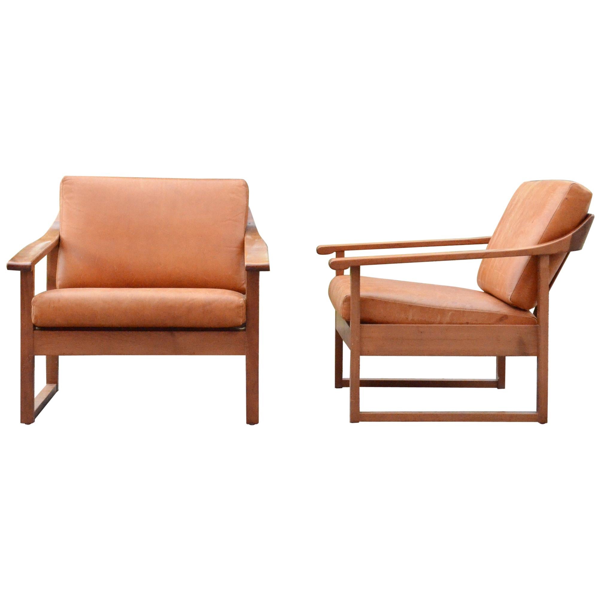 Mid Century German Vintage Cognac Leather Easy Armchair Set of 2 For Sale