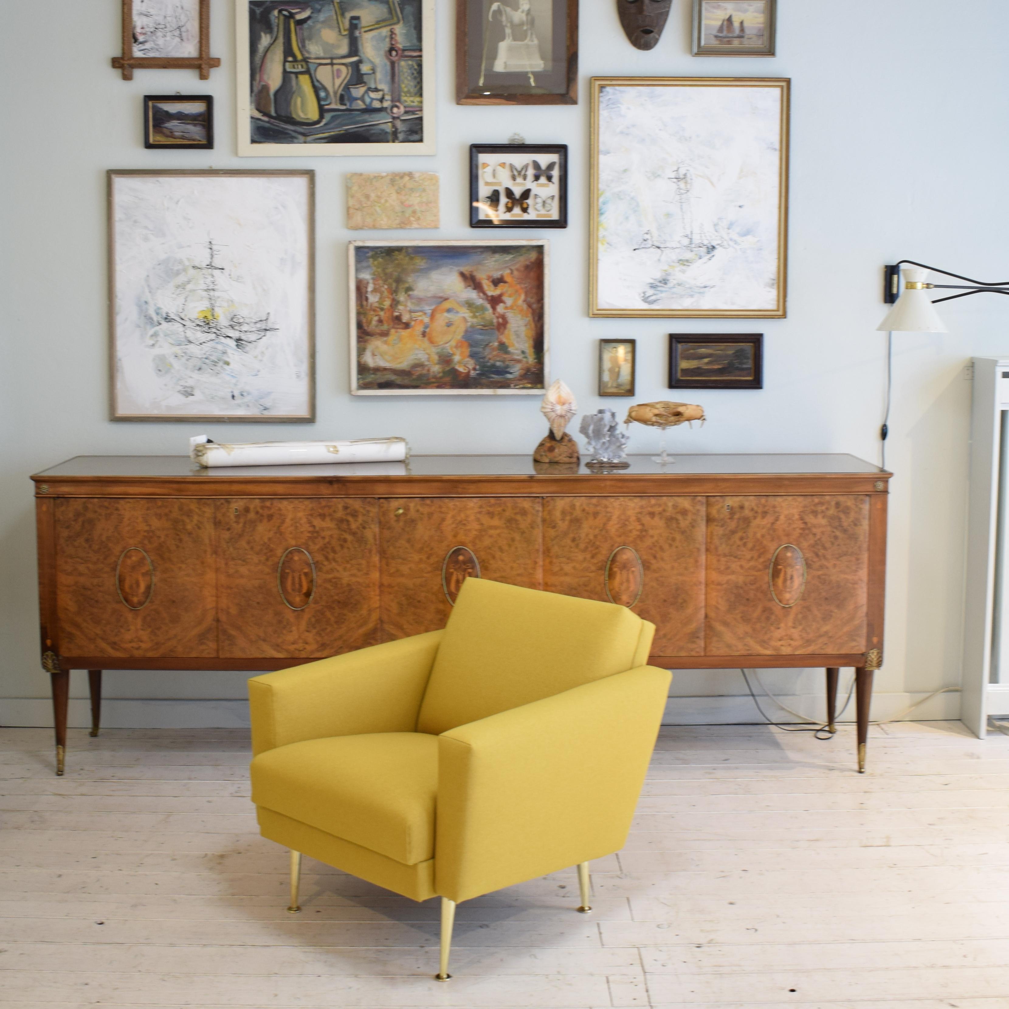 Mid-Century Modern Midcentury German Yellow and Brass Lounge Chair Armchair Pierre Guariche Style