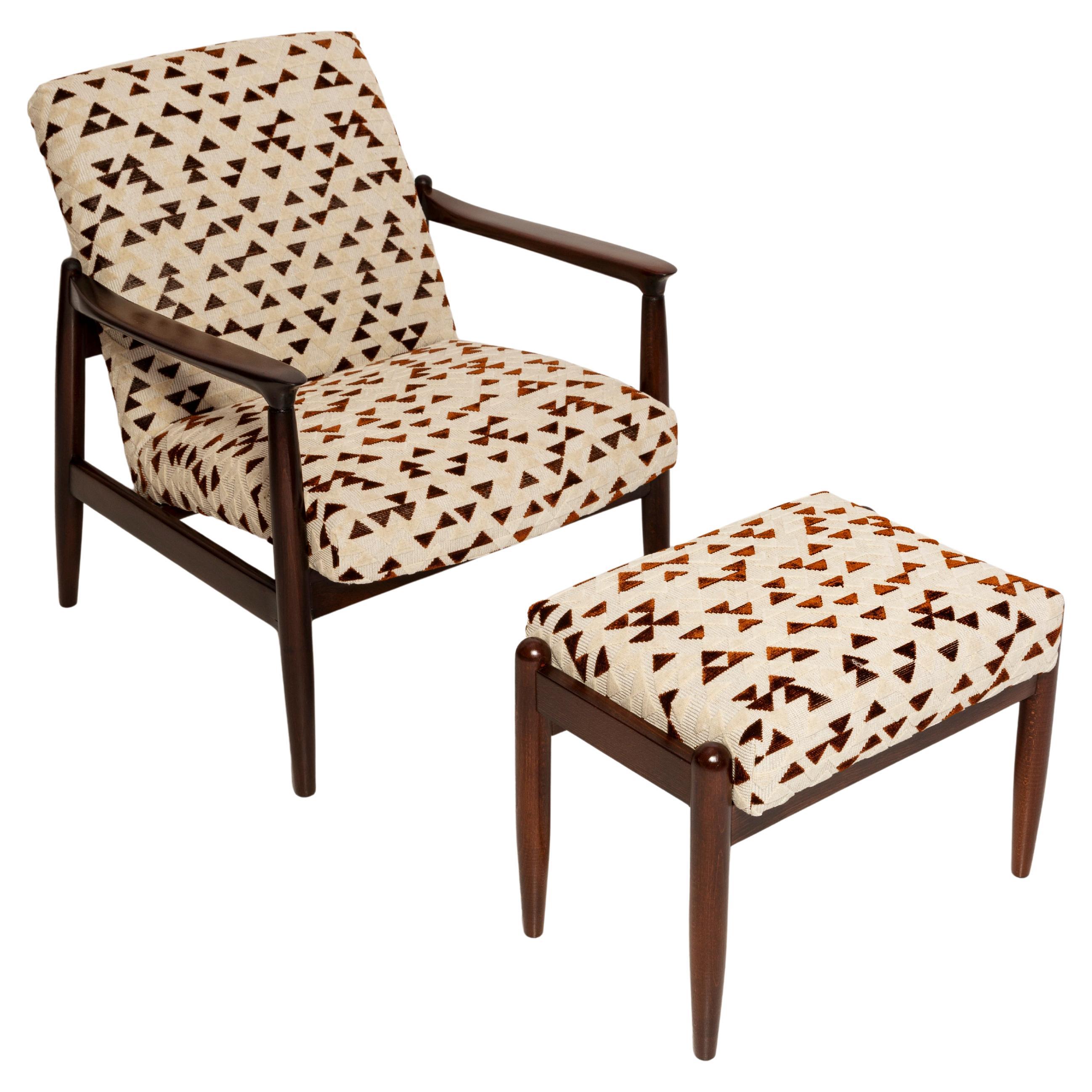 Mid Century GFM 64 Armchair and Stool, E. Homa, Drawing Jacquard by Dedar, 1960s