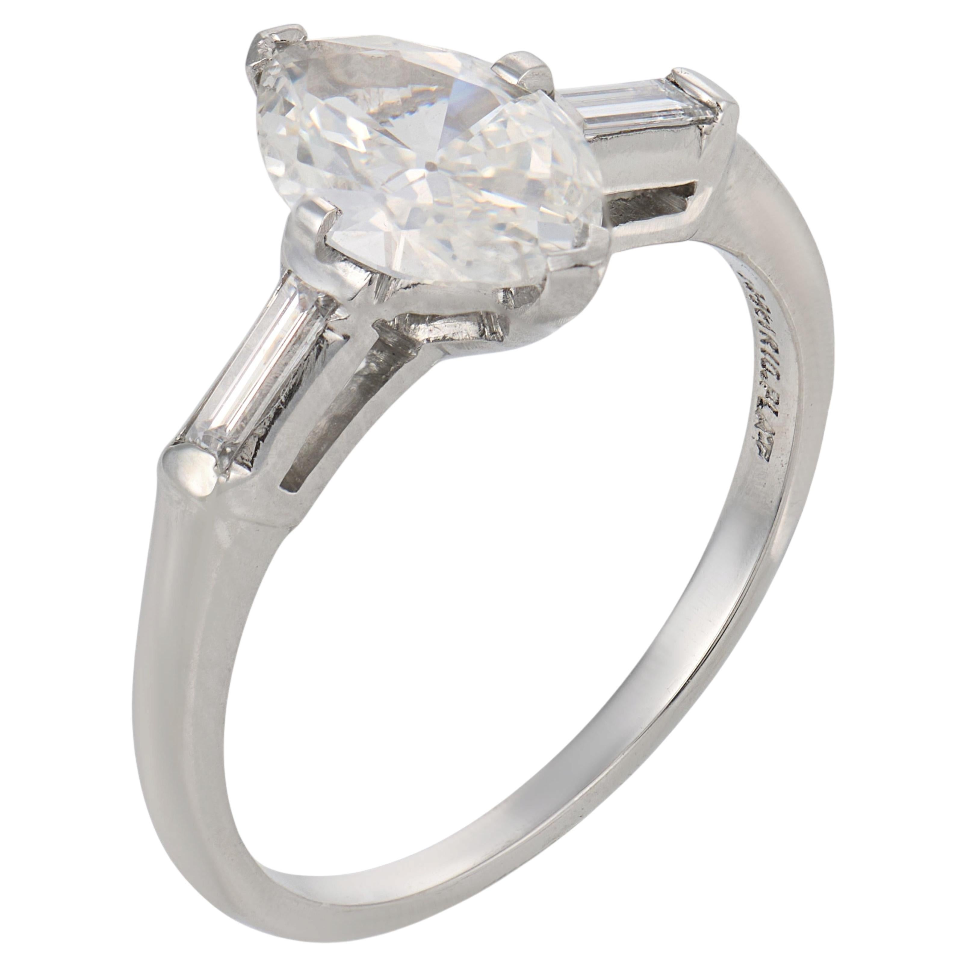Mid Century GIA 0.88 marquise cut diamond platinum engagement ring