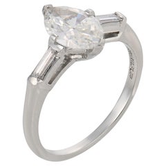 Mid Century GIA 0.88 marquise cut diamond platinum engagement ring