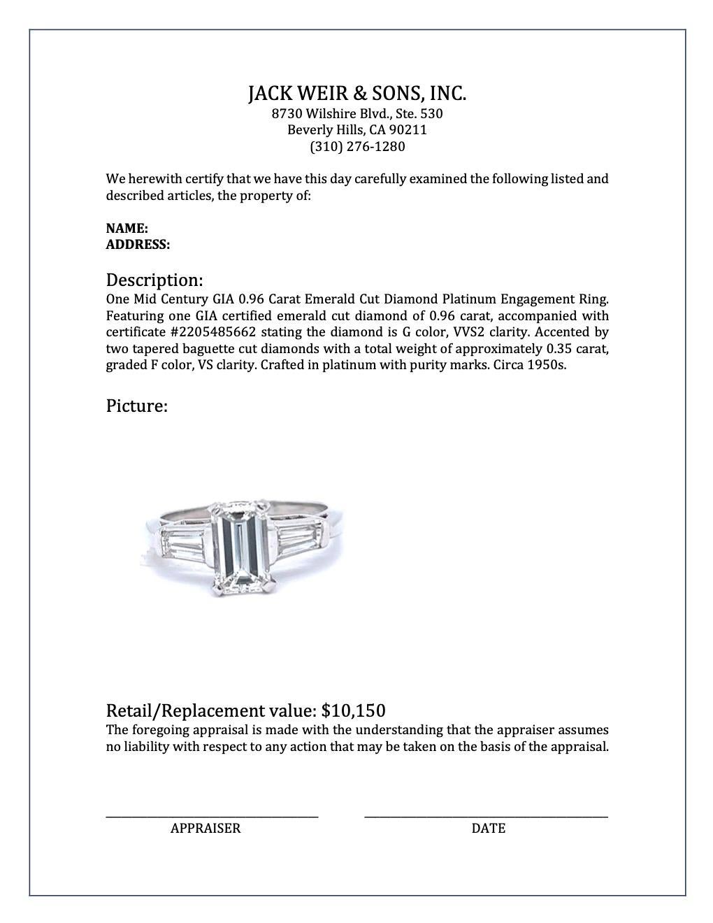 Mid-Century GIA 0.96 Carat Emerald Cut Diamond Platinum Engagement Ring 3