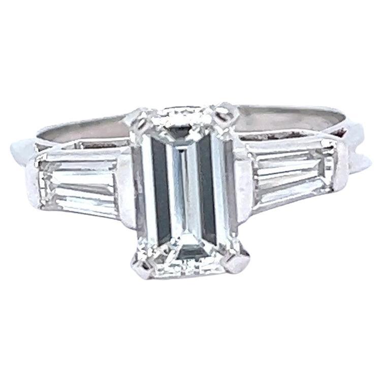 Mid-Century GIA 0.96 Carat Emerald Cut Diamond Platinum Engagement Ring