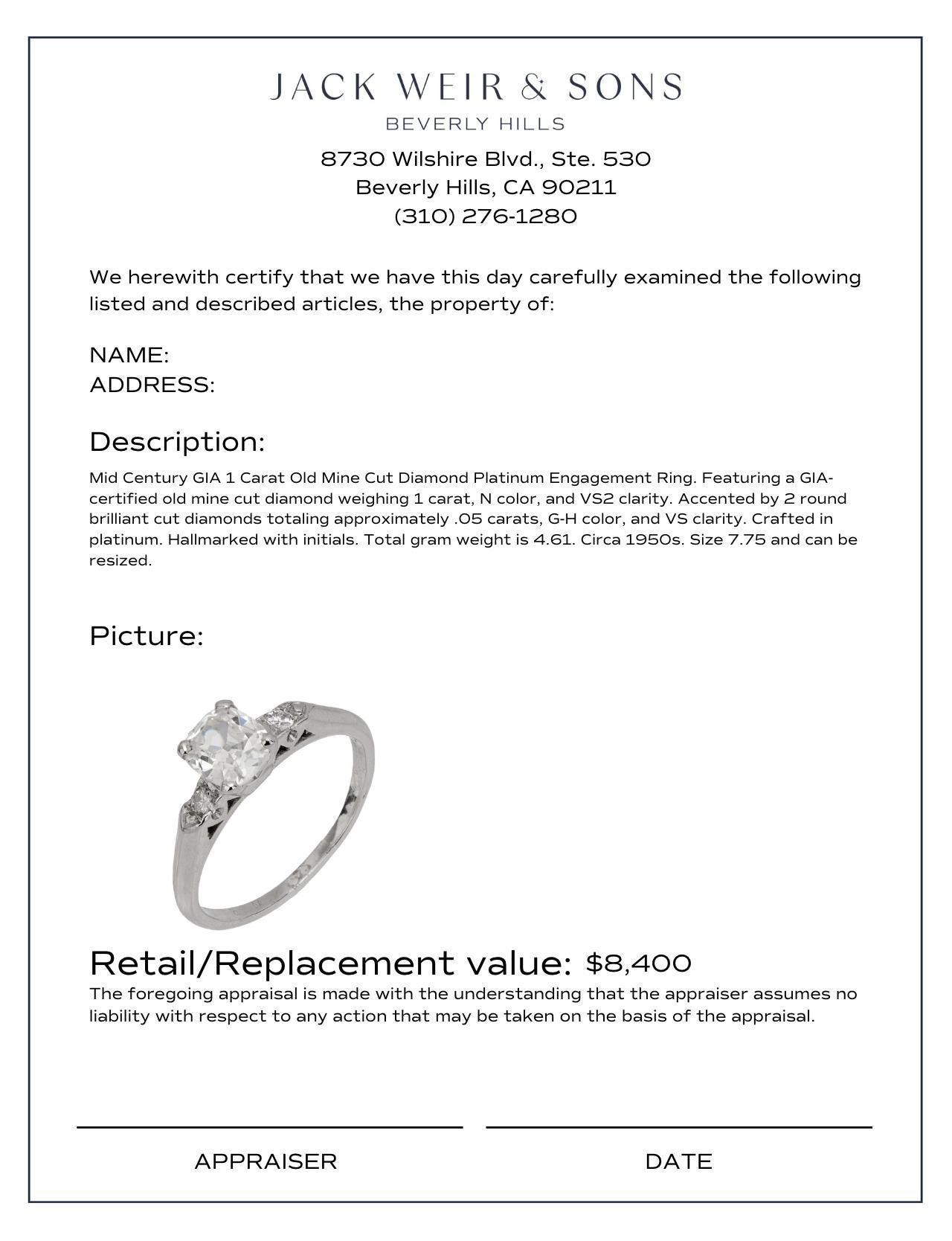 Mid Century GIA 1 carat old mine cut diamond platinum engagement ring In Good Condition In Beverly Hills, CA