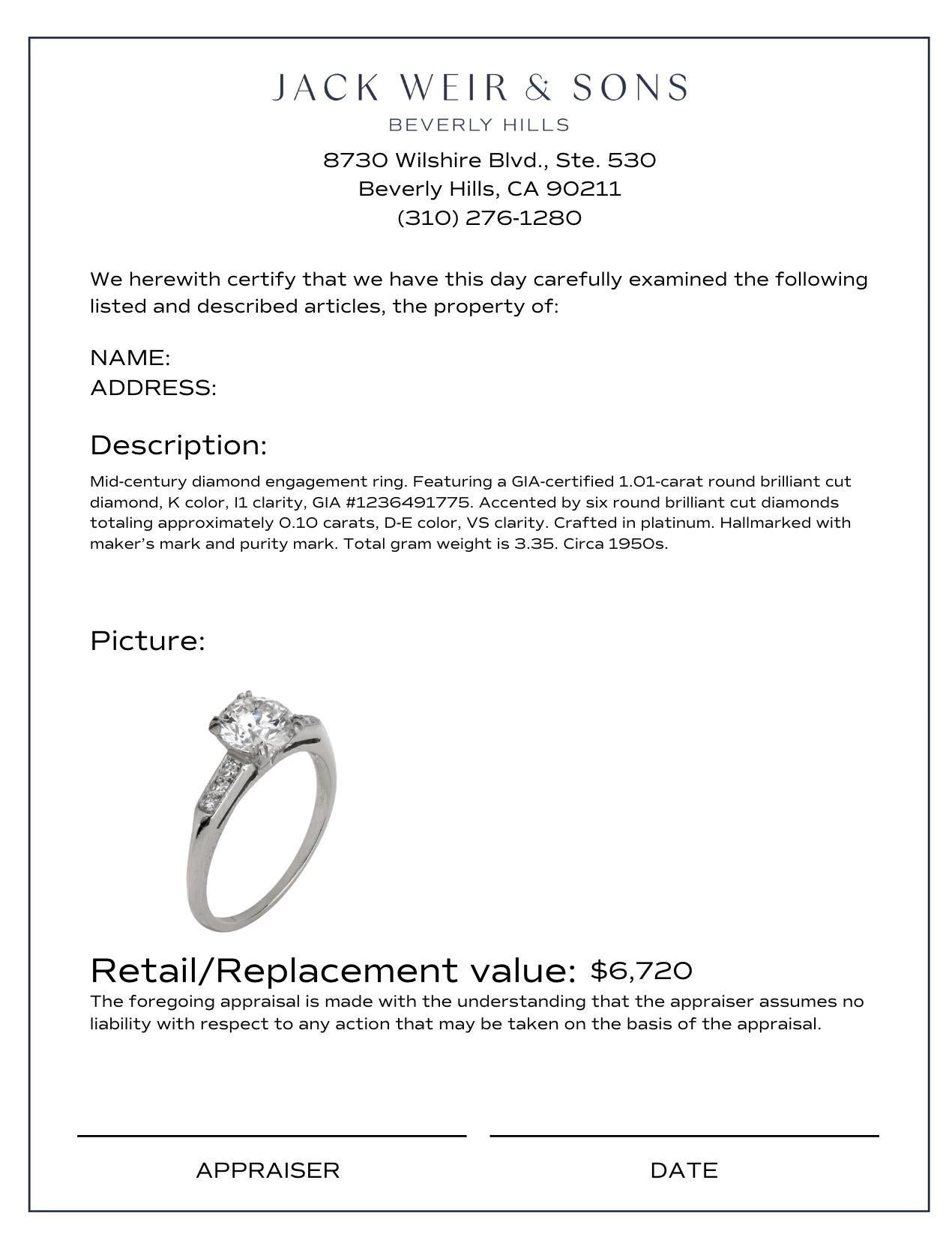 Women's or Men's Mid Century GIA 1.01 carat diamond platinum engagement ring For Sale