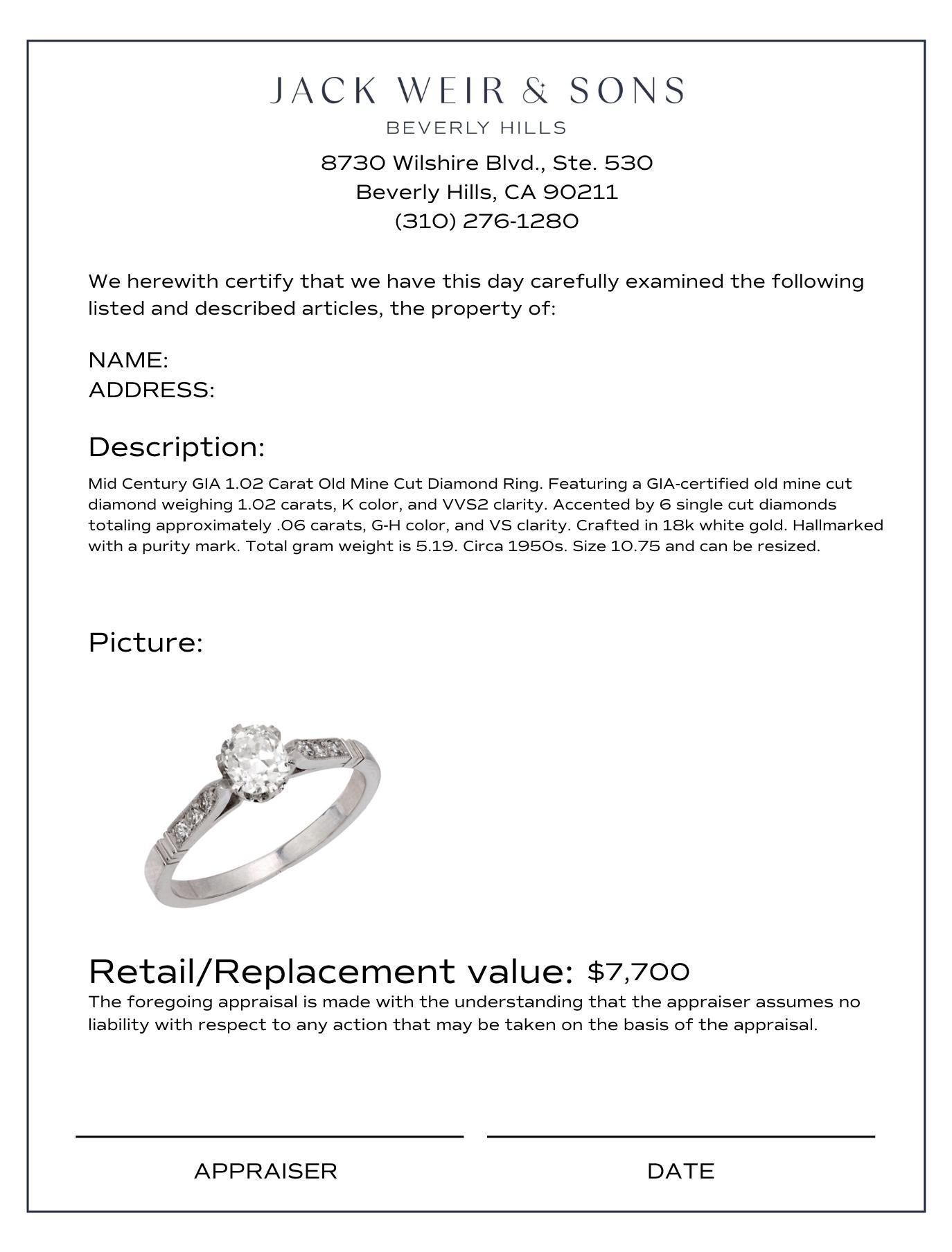 Anello di fidanzamento in oro bianco di metà secolo GIA da 1,02 carati con diamante 18k In condizioni buone in vendita a Beverly Hills, CA