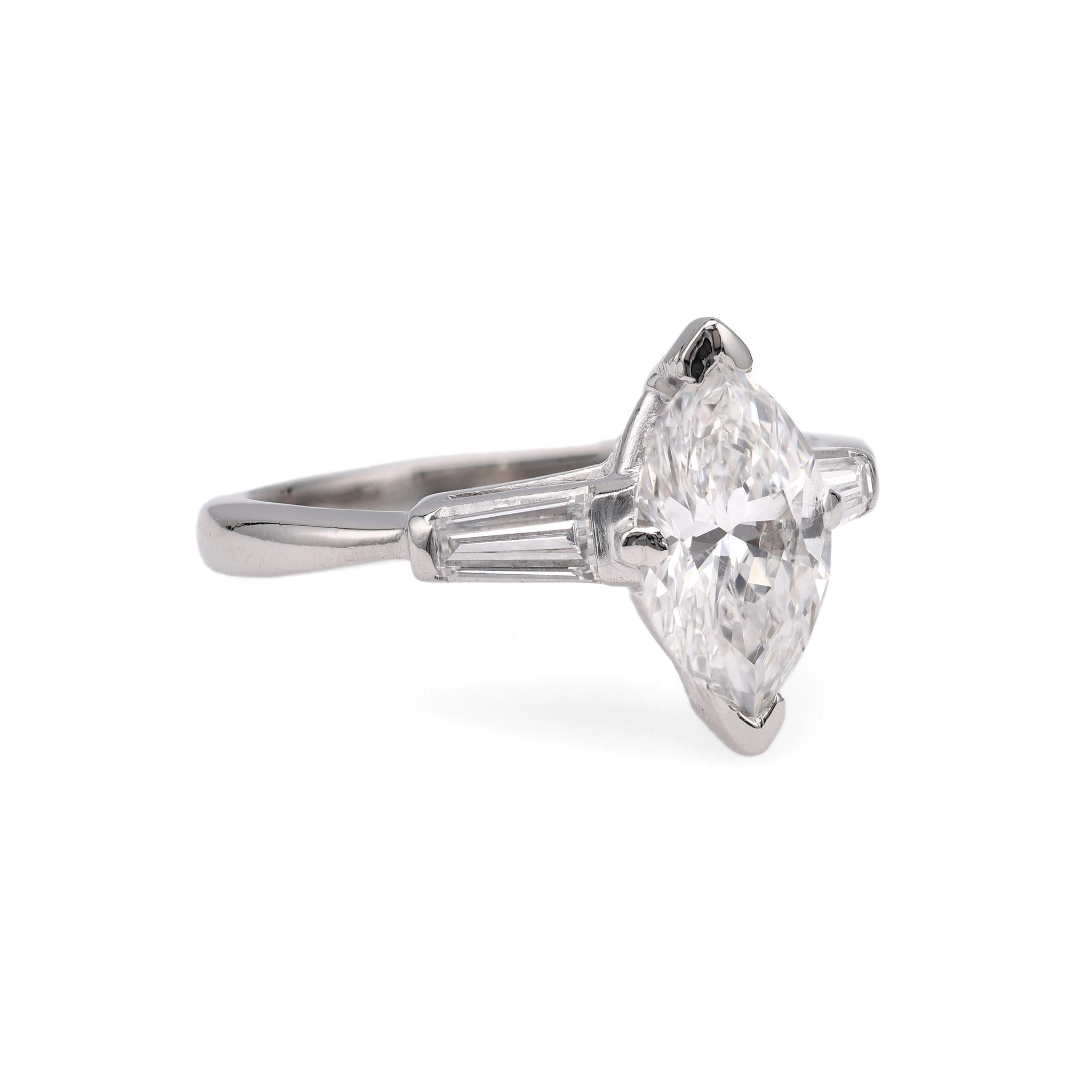 Women's or Men's Mid-Century GIA 1.03 Carat Marquise Cut Diamond Platinum Ring For Sale