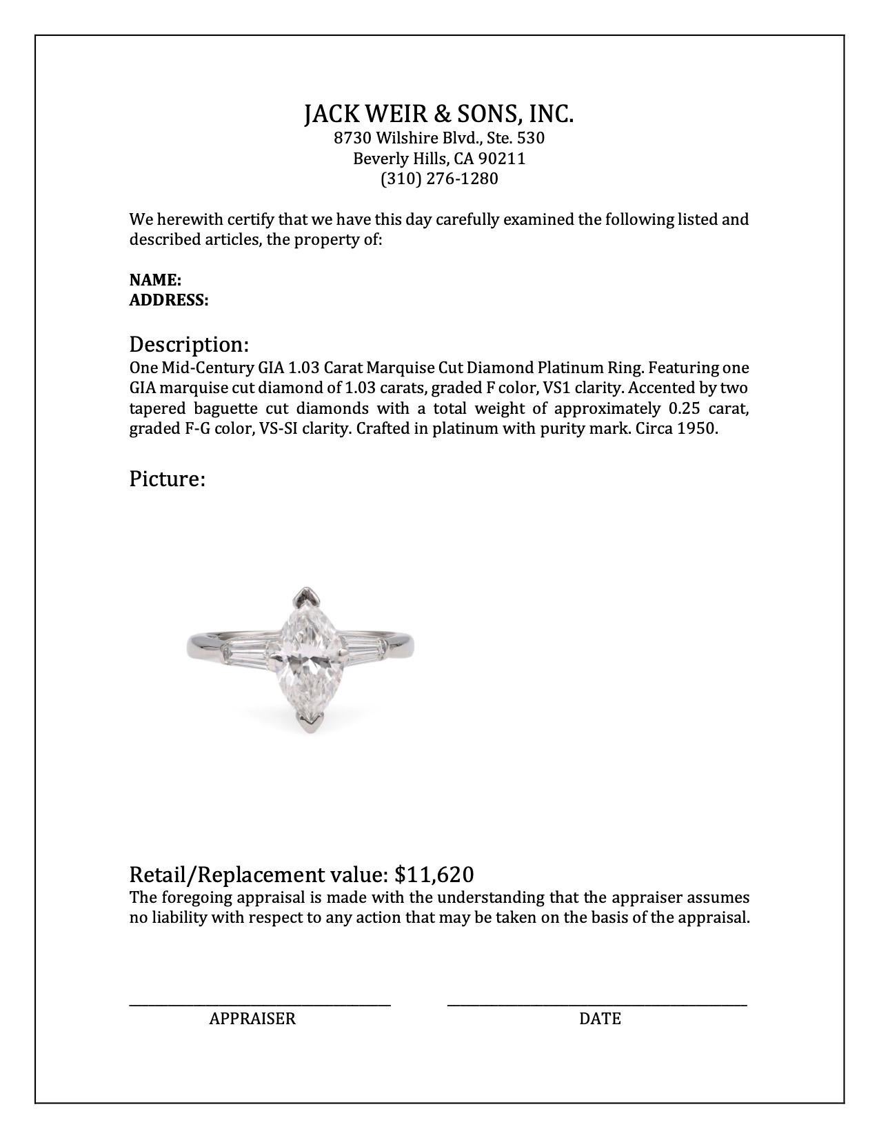 Mid-Century GIA 1.03 Carat Marquise Cut Diamond Platinum Ring For Sale 1