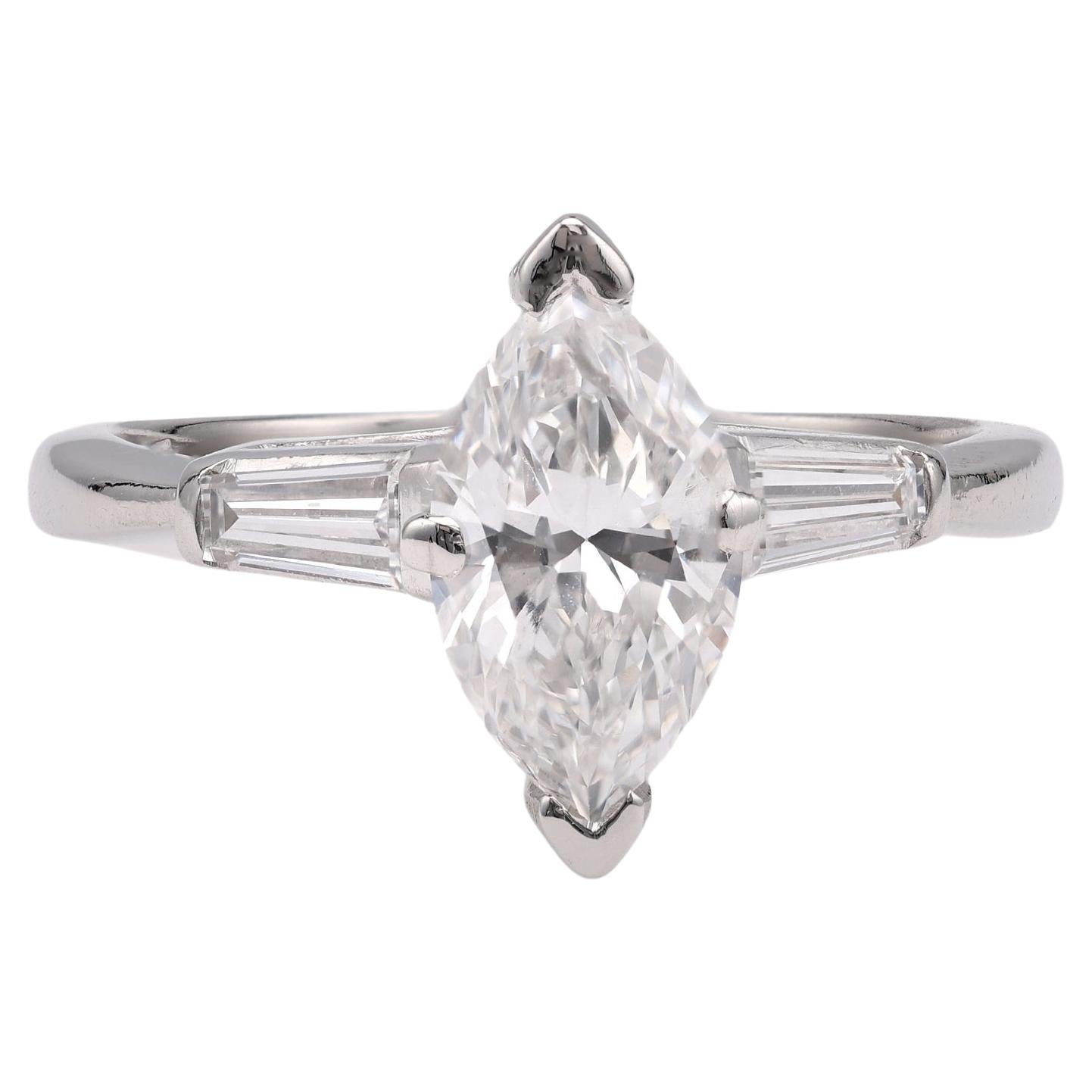 Mid-Century GIA 1.03 Carat Marquise Cut Diamond Platinum Ring For Sale