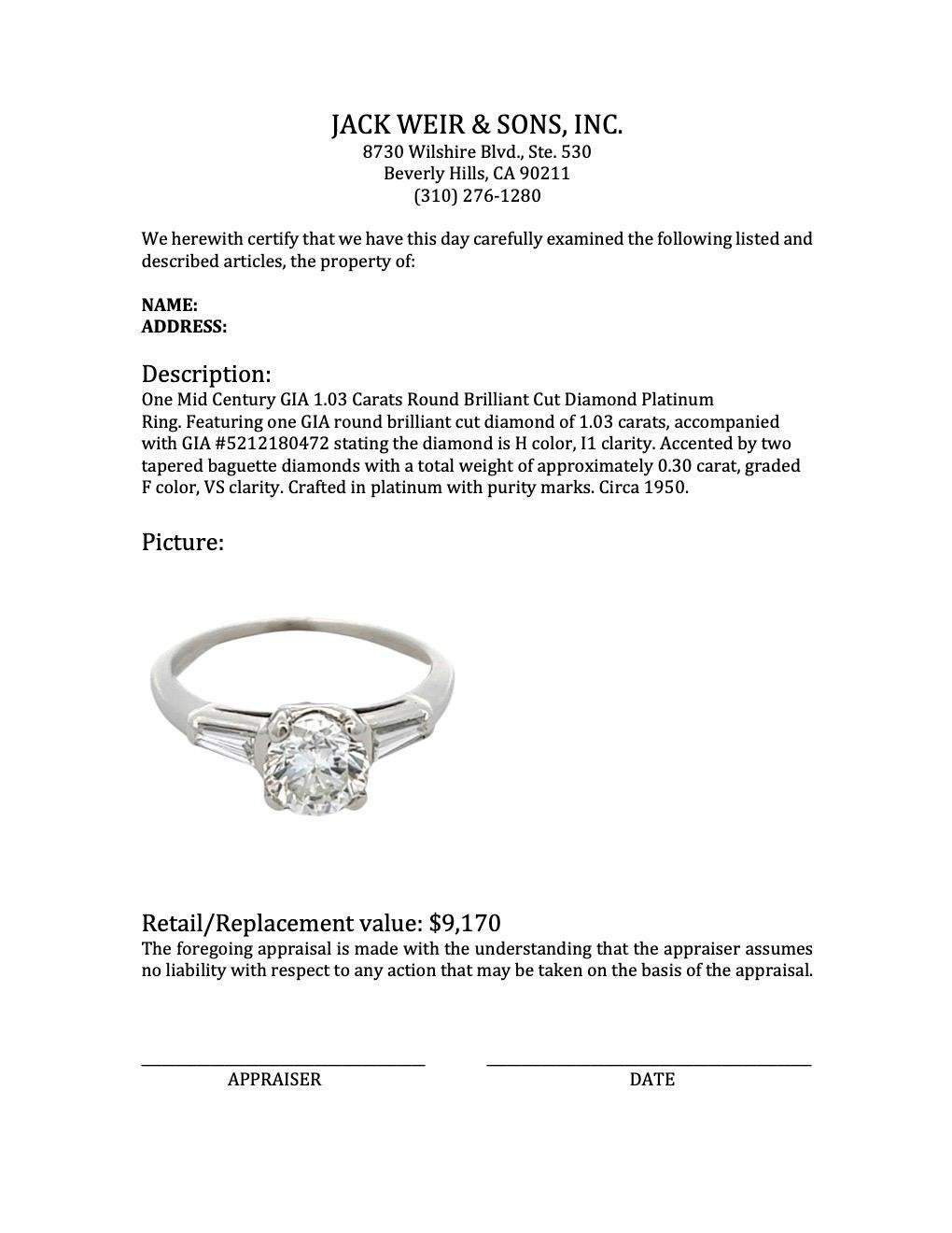 Midcentury GIA 1.03 Carats Round Brilliant Cut Diamond Platinum Ring 4