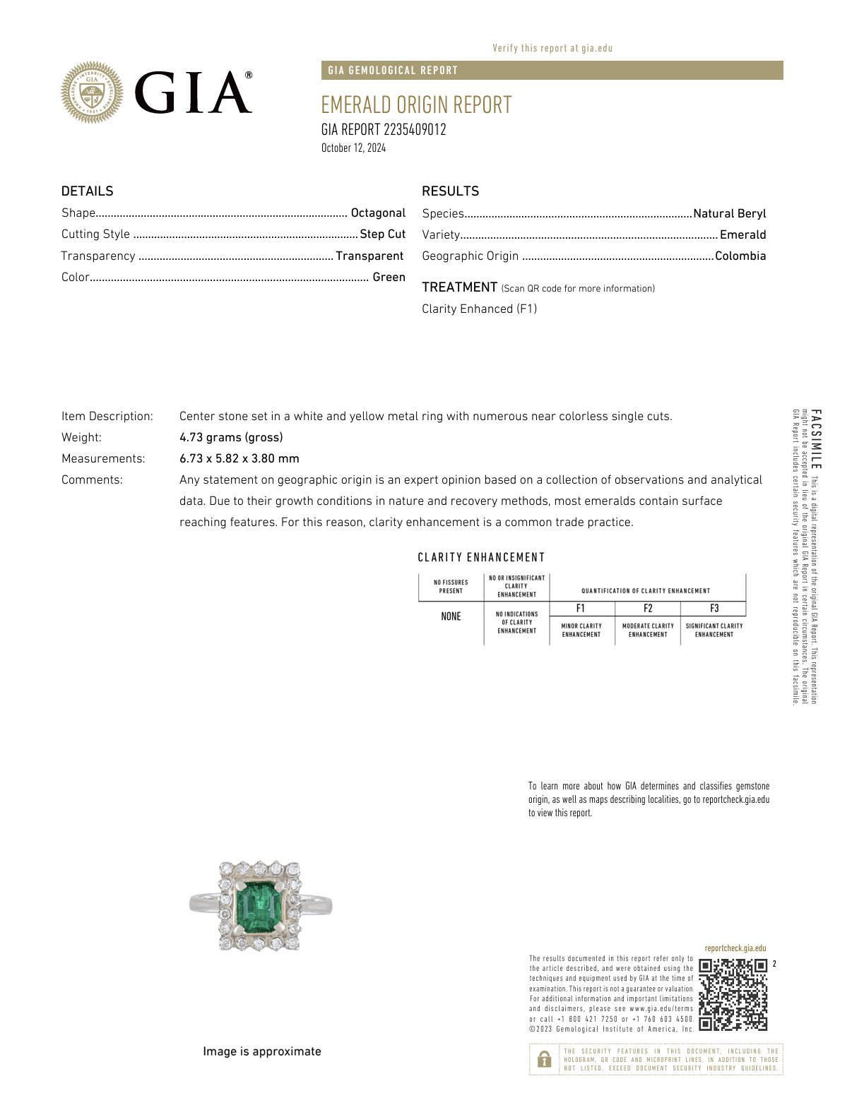 Mid Century GIA 1.1 Carat Emerald Diamond 18K Yellow Gold Cluster Ring In Excellent Condition For Sale In Beverly Hills, CA