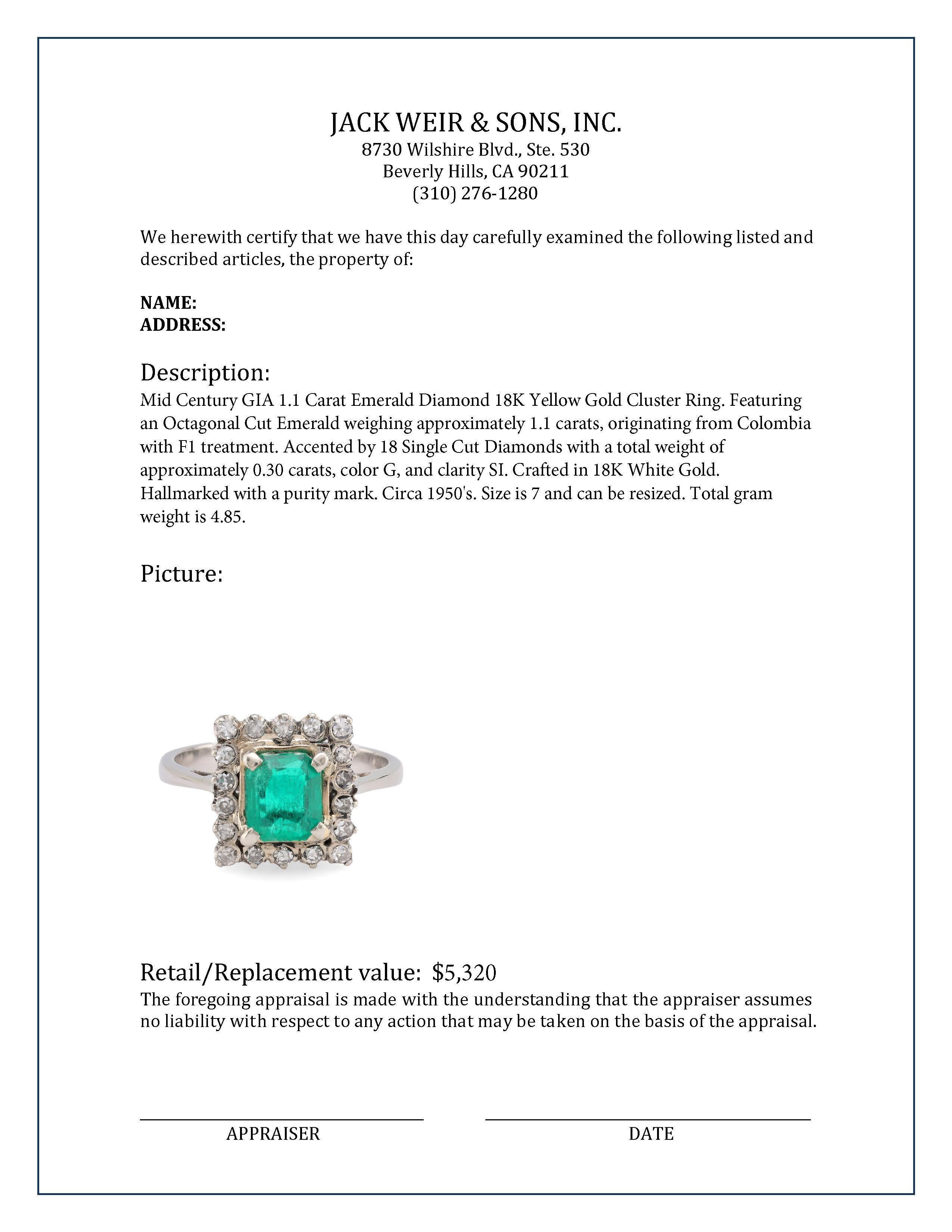 Women's or Men's Mid Century GIA 1.1 Carat Emerald Diamond 18K Yellow Gold Cluster Ring For Sale