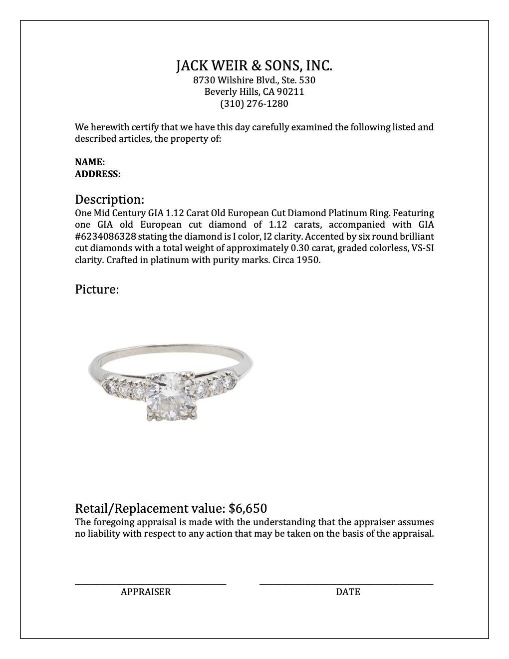 Mid-Century GIA 1.12 Carat Old European Cut Diamond Platinum Ring For Sale 4