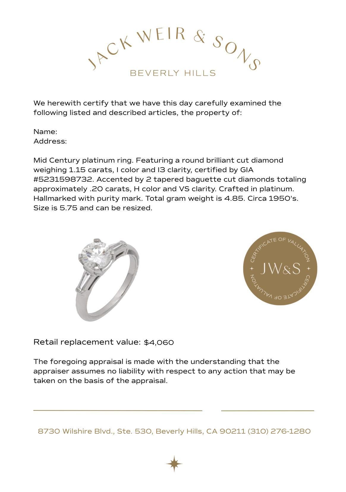 Anello di fidanzamento in platino con diamante GIA da 1.15 carati di metà secolo In condizioni buone in vendita a Beverly Hills, CA