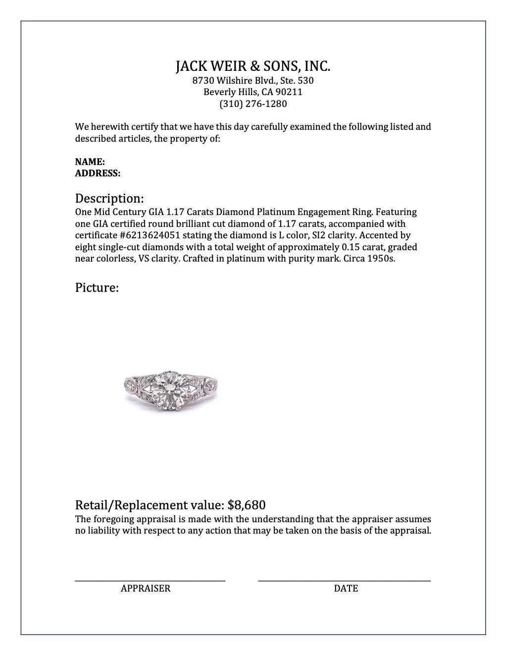 Mid Century GIA 1.17 Carats Diamond Platinum Engagement Ring 3