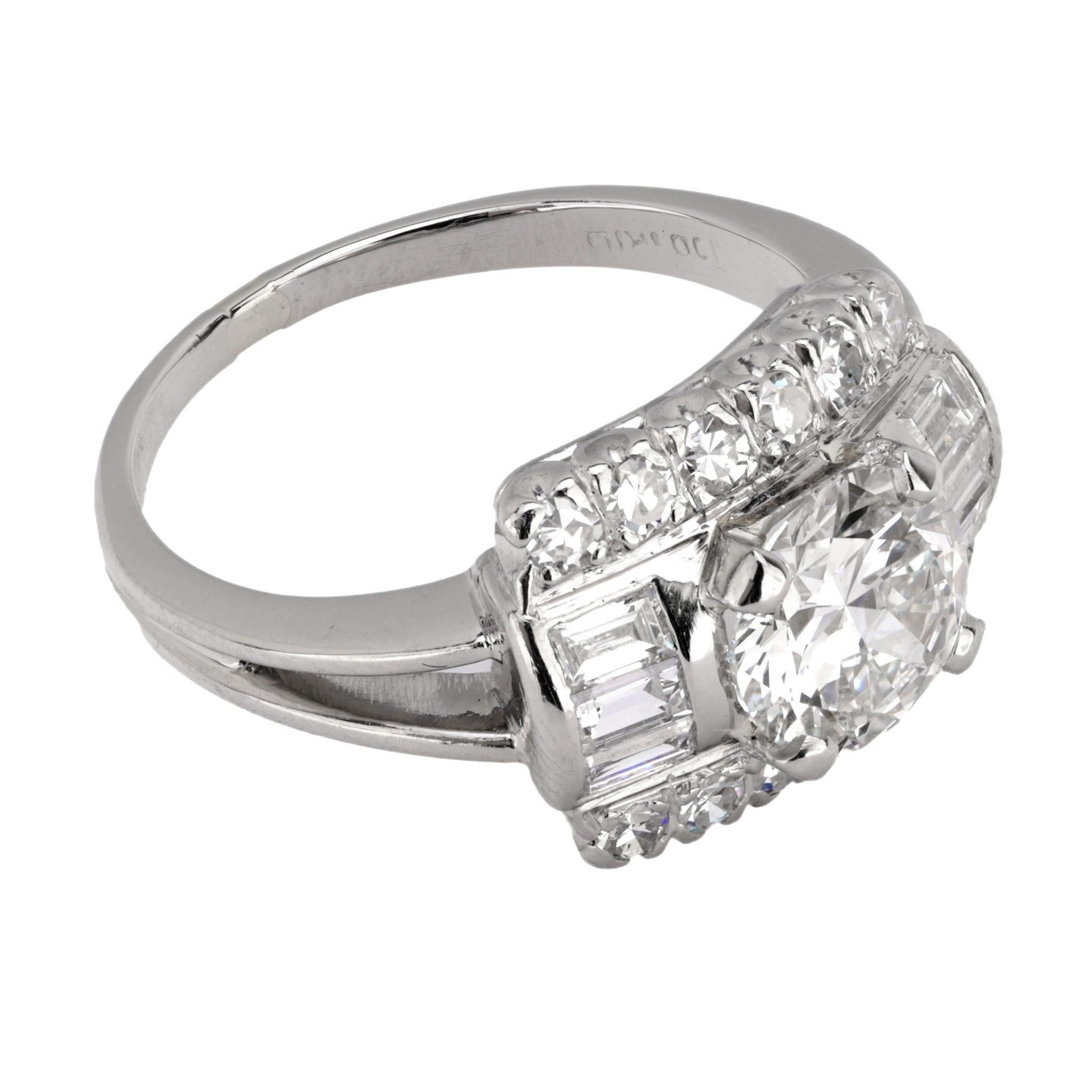 Mid Century GIA 1.25 carat diamond platinum ring In Excellent Condition In Beverly Hills, CA