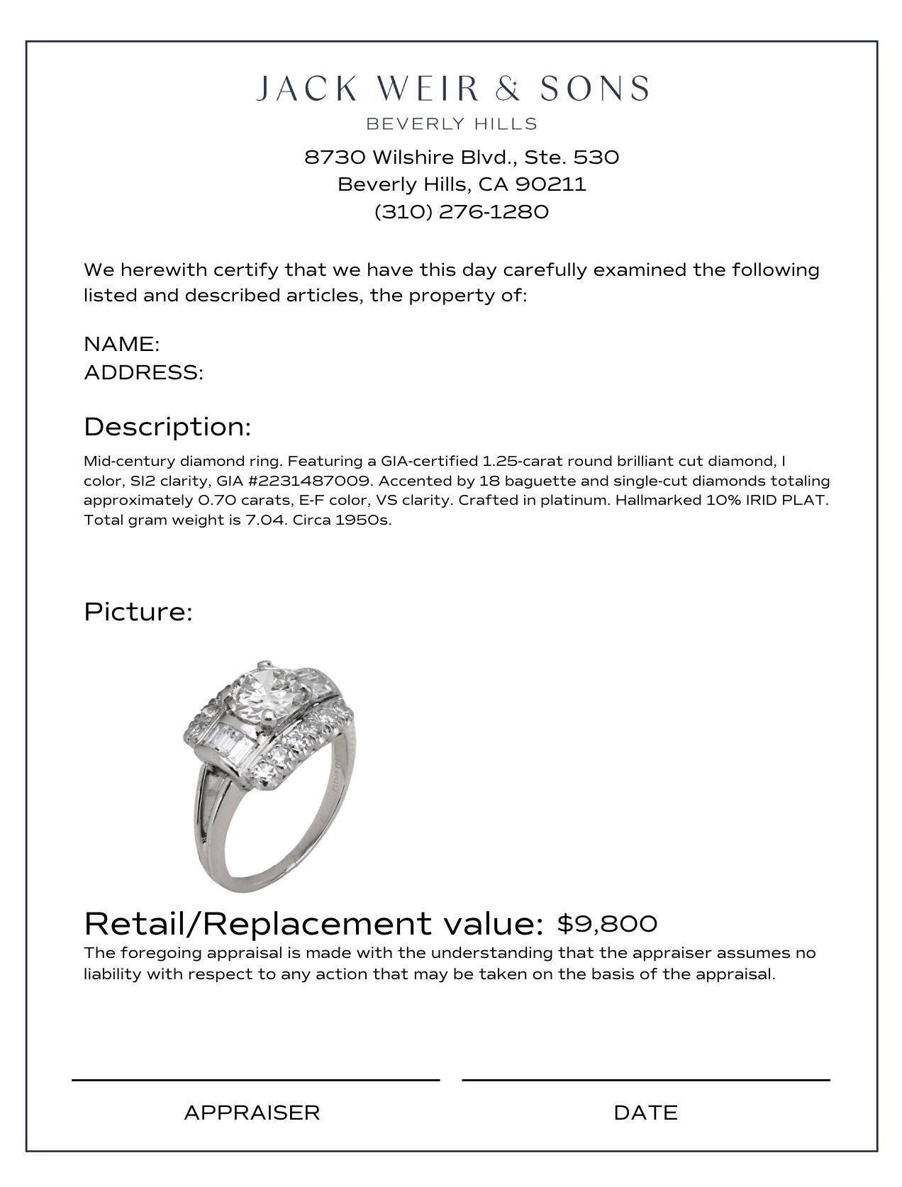 Women's or Men's Mid Century GIA 1.25 carat diamond platinum ring