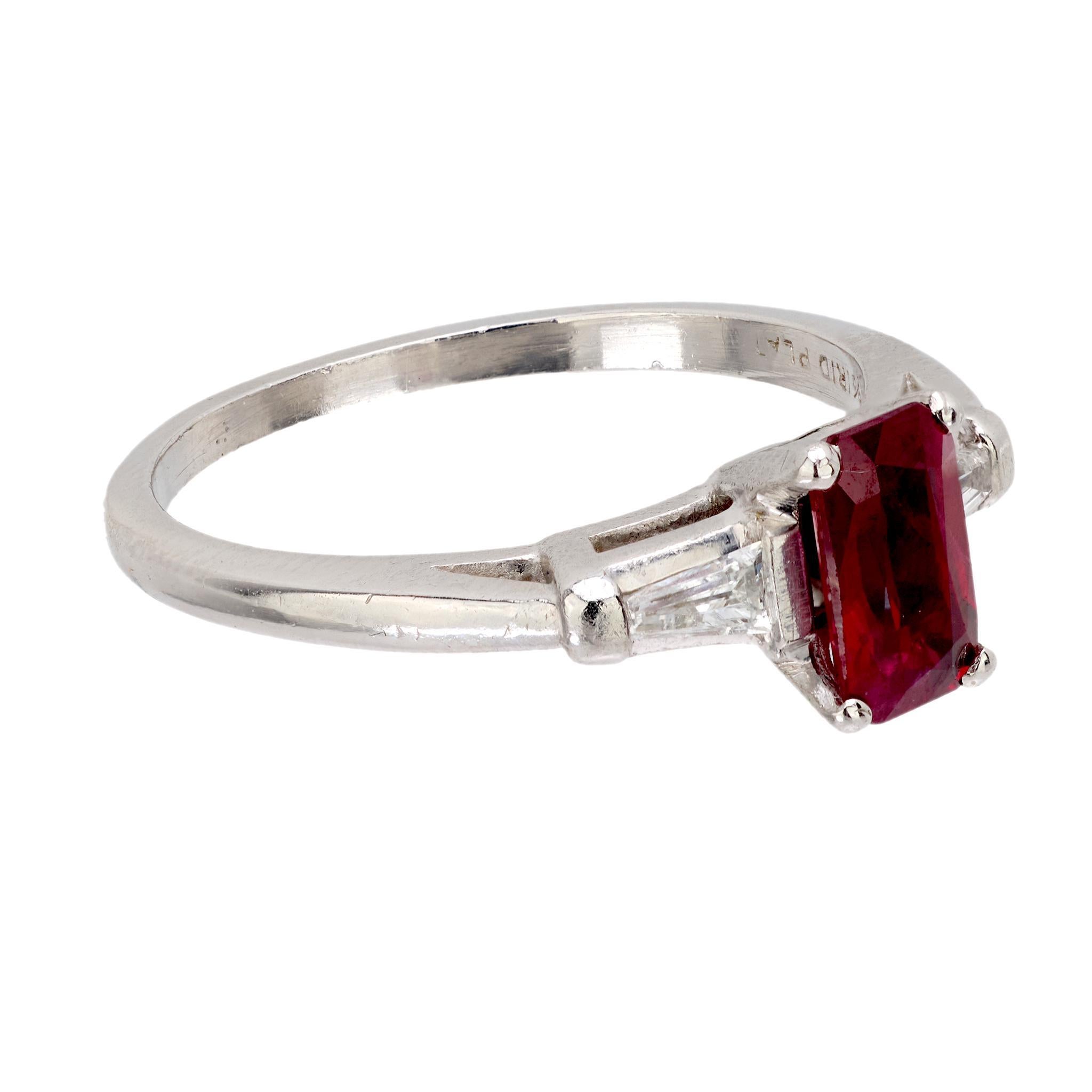 Baguette Cut Mid Century GIA 1.25 carat ruby diamond platinum ring