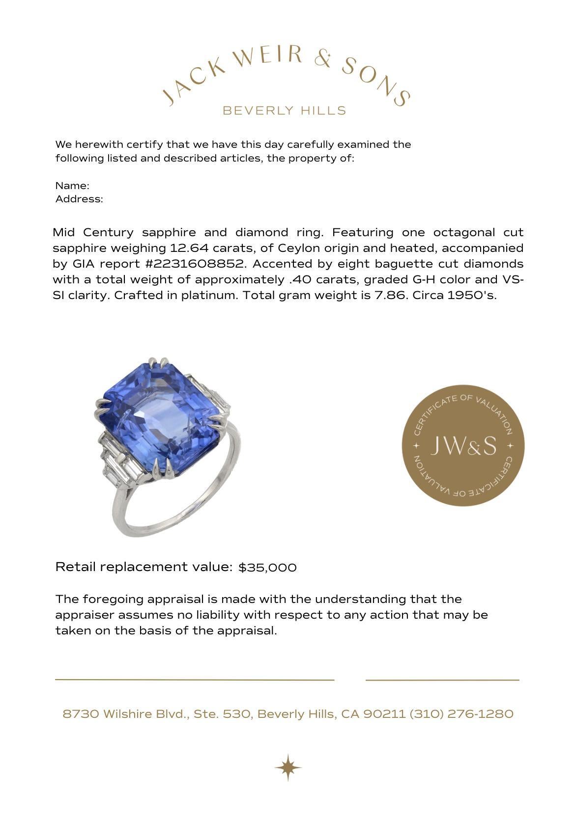 Anillo de platino con zafiro de Ceilán de 12,64 quilates GIA de mediados de siglo en Bueno estado para la venta en Beverly Hills, CA