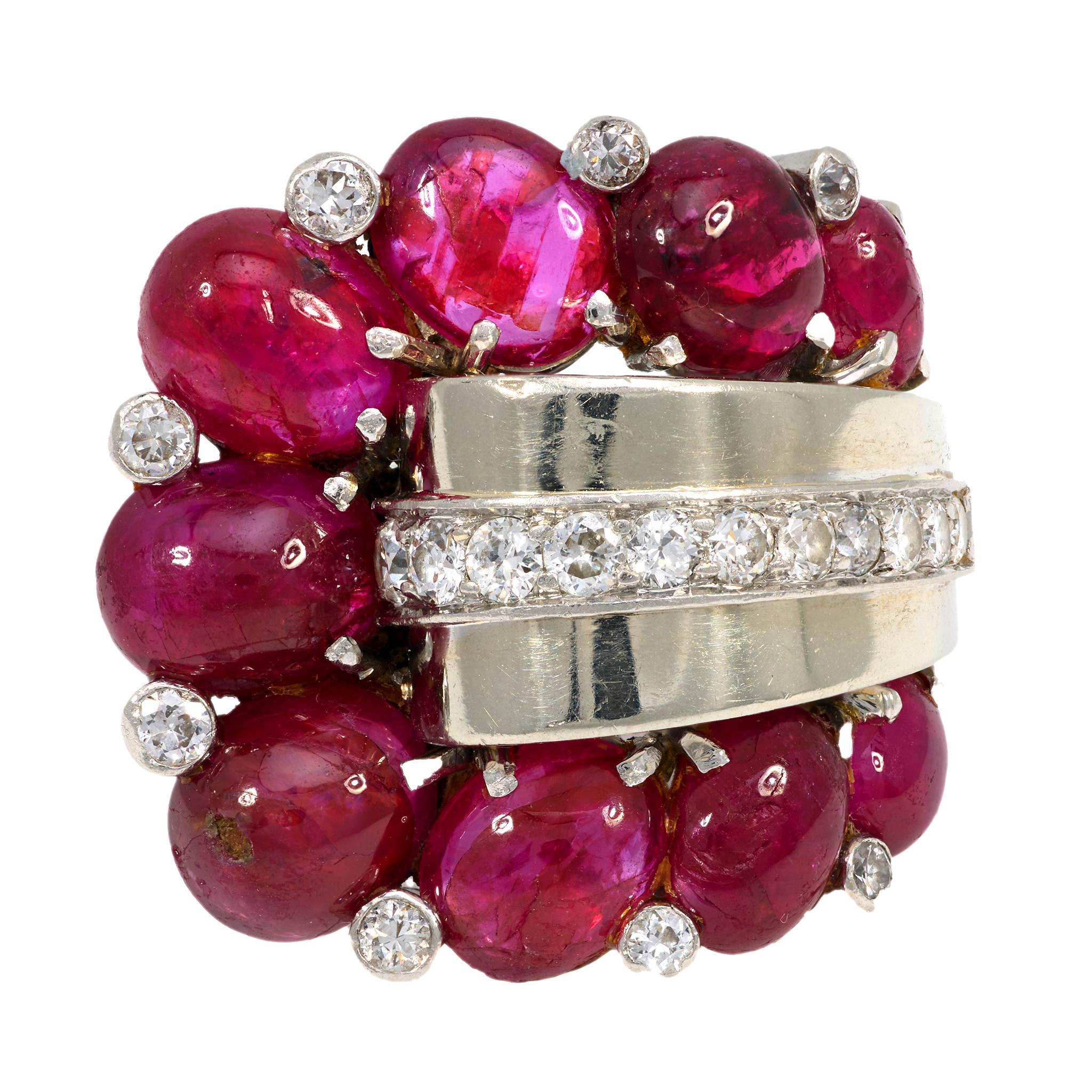 Mid Century GIA 14 carat Burma no heat ruby diamond 14k white gold cocktail ring Moderno en venta