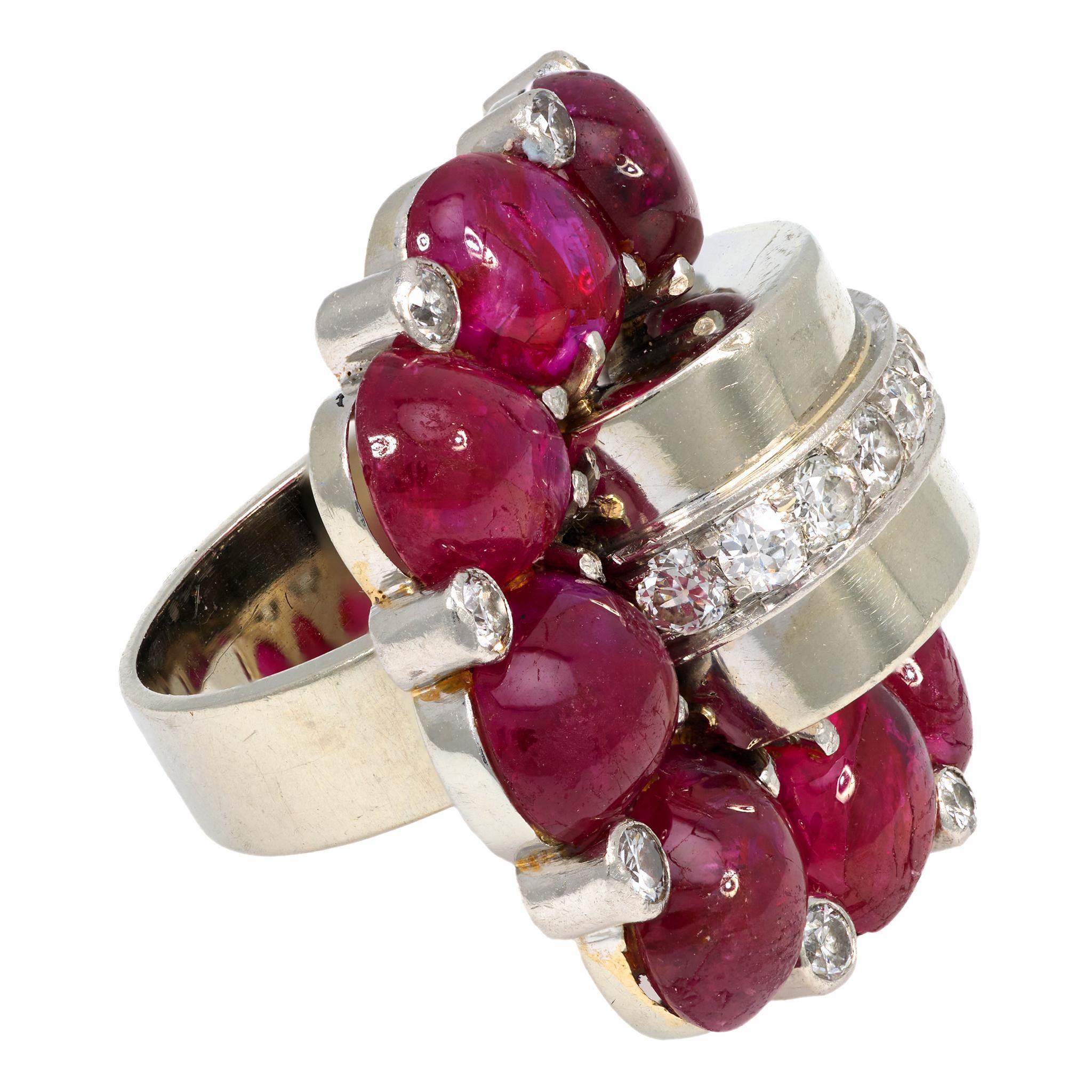 Mid Century GIA 14 carat Burma no heat ruby diamond 14k white gold cocktail ring en Bueno estado para la venta en Beverly Hills, CA