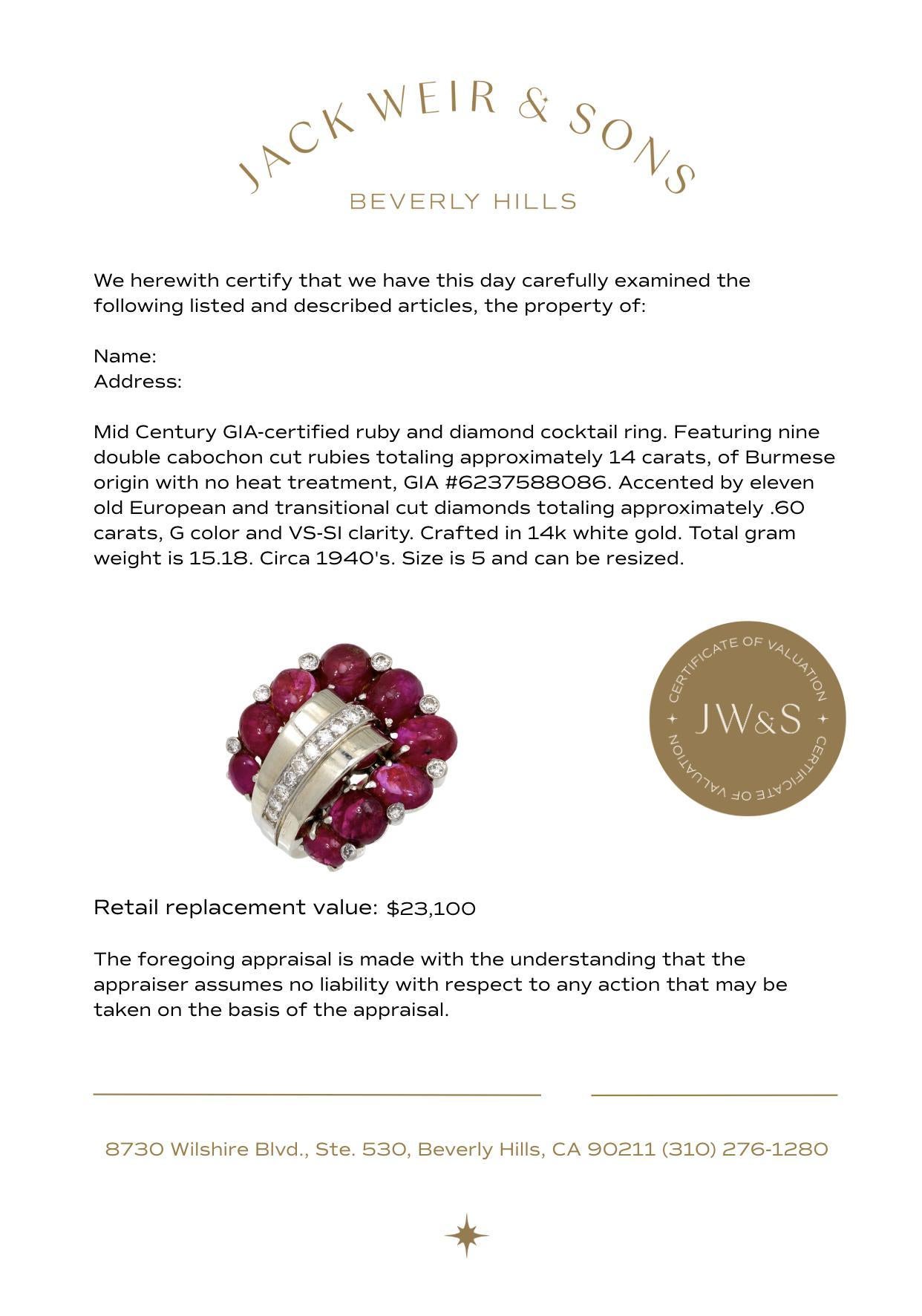 Mid Century GIA 14 carat Burma no heat ruby diamond 14k white gold cocktail ring en venta 1