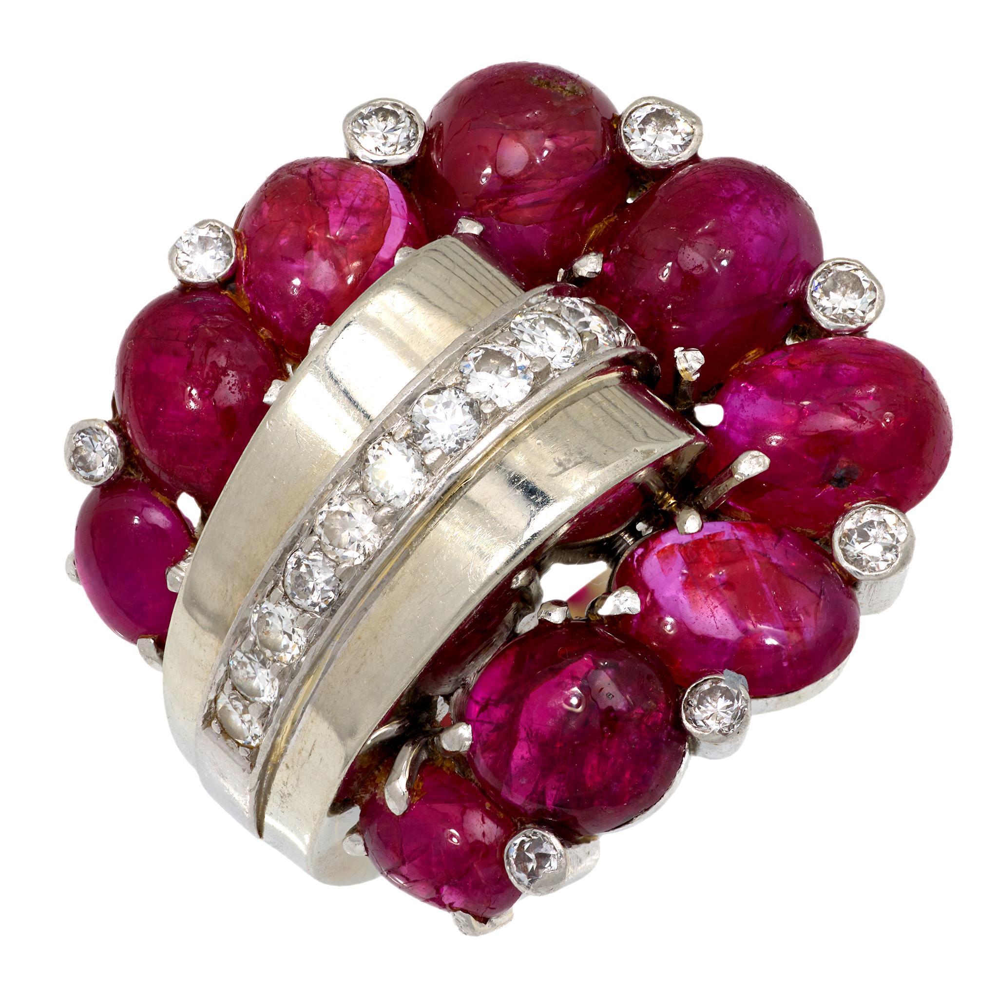 Mid Century GIA 14 carat Burma no heat ruby diamond 14k white gold cocktail ring