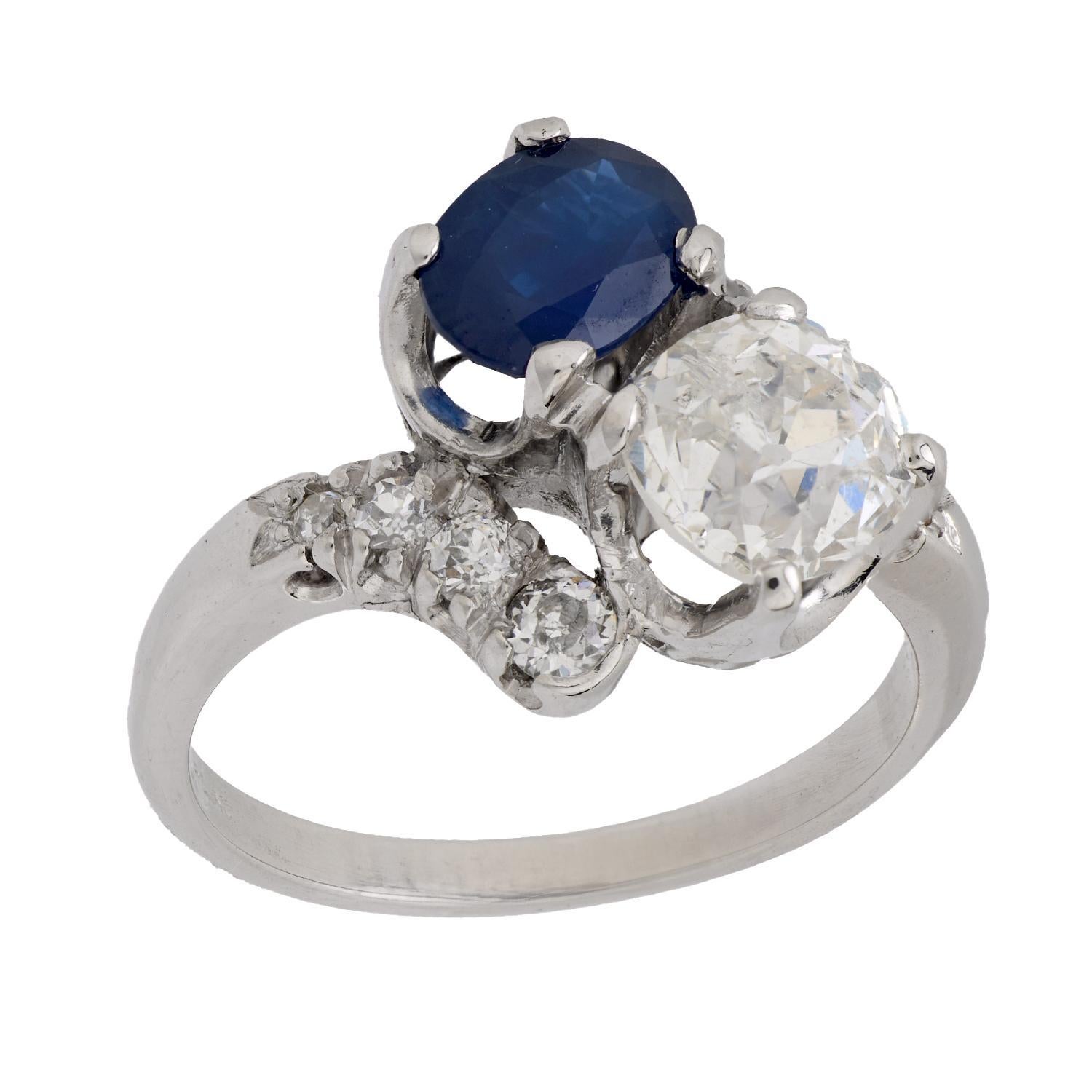 Mid Century GIA 1.41 carat diamond sapphire platinum Toi Et Moi ring