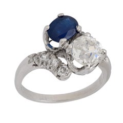 Mid Century GIA 1.41 carat diamond sapphire platinum Toi Et Moi ring