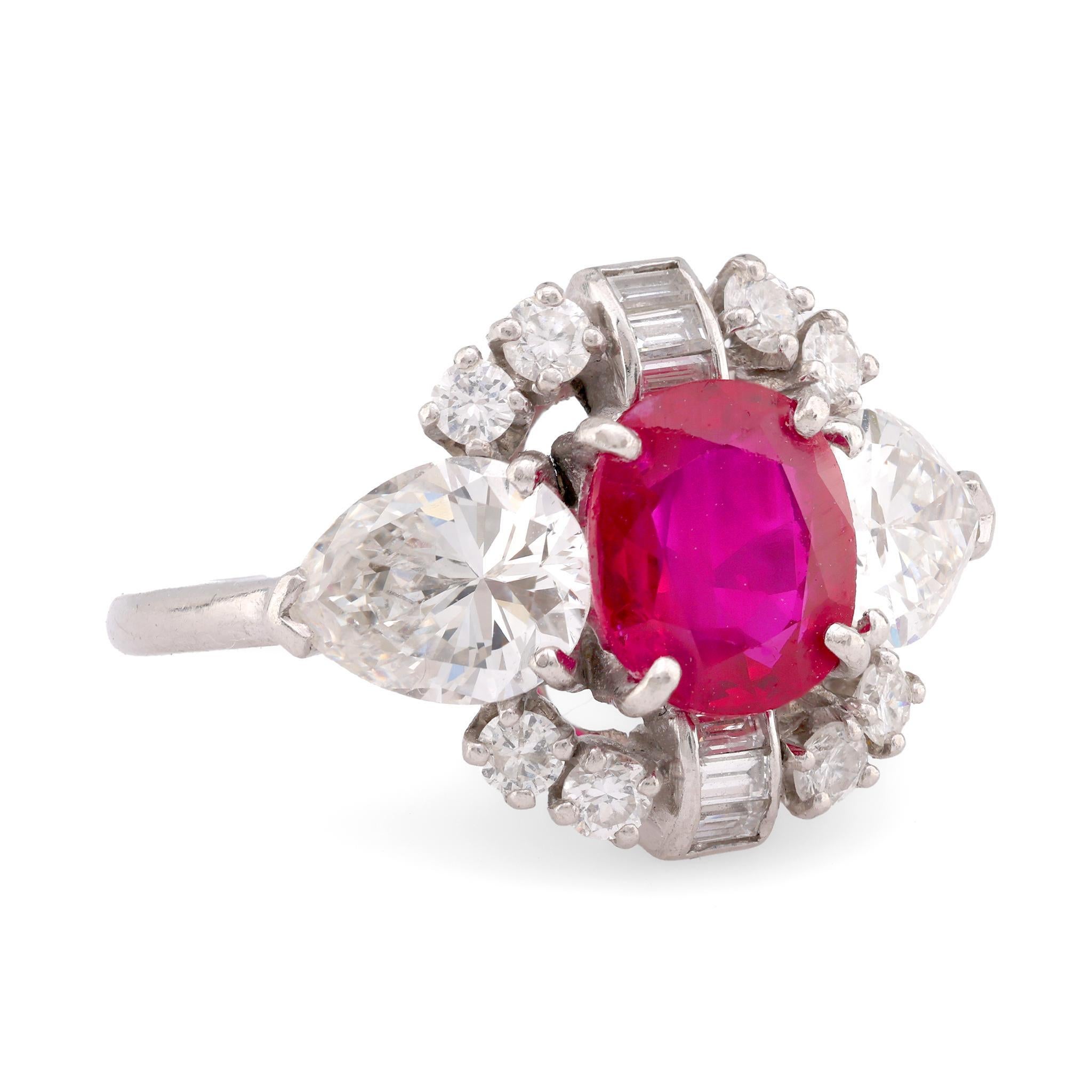 Platinring, GIA 1,5 Karat Burma, unbehandelter Rubin, Diamant, Mid-Century (Ovalschliff)