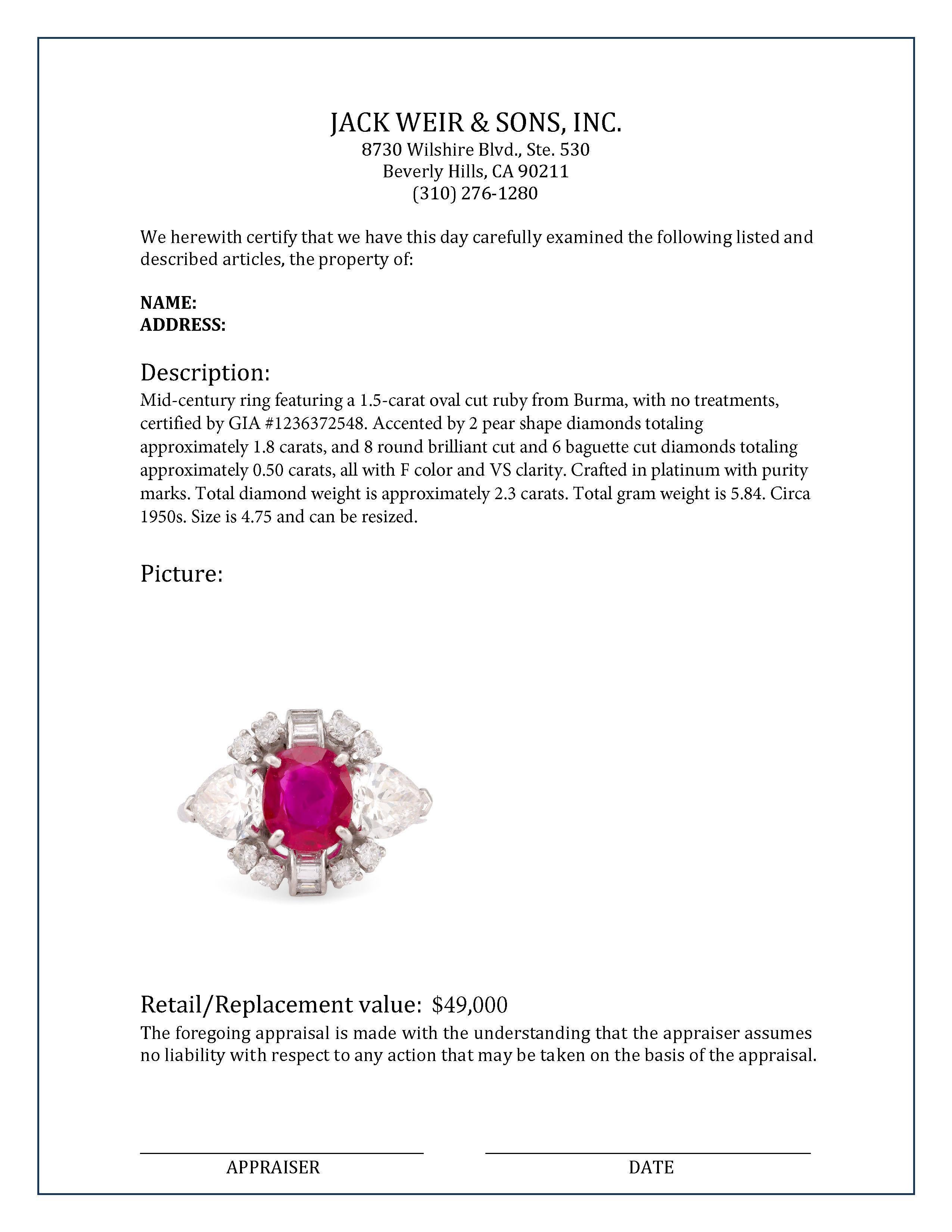 Platinring, GIA 1,5 Karat Burma, unbehandelter Rubin, Diamant, Mid-Century für Damen oder Herren