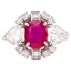 Platinring, GIA 1,5 Karat Burma, unbehandelter Rubin, Diamant, Mid-Century