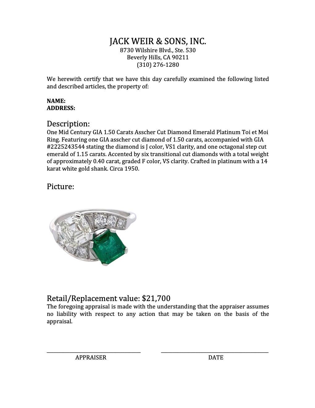 Midcentury GIA 1.50 Carats Asscher Cut Diamond Emerald Platinum Toi et Moi Ring 4