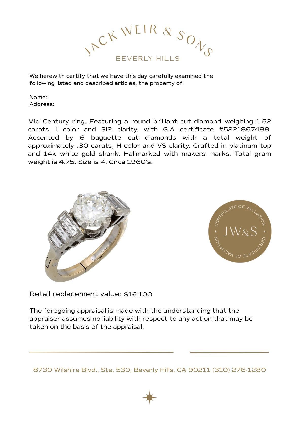 Mid Century GIA 1.52 carat diamond platinum engagement ring For Sale 1