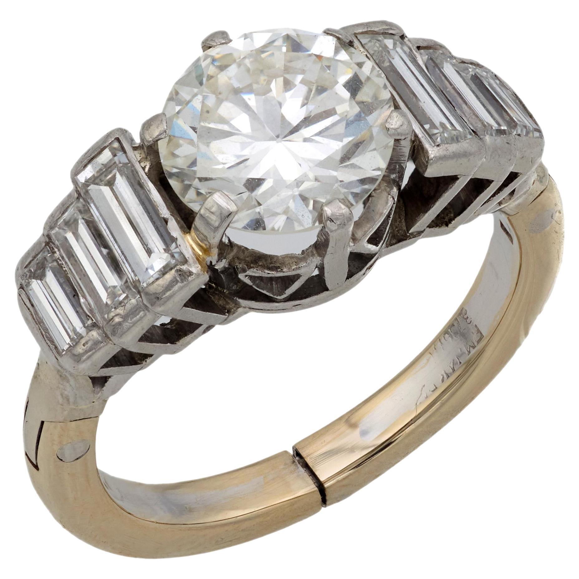 Mid Century GIA 1.52 carat diamond platinum engagement ring For Sale