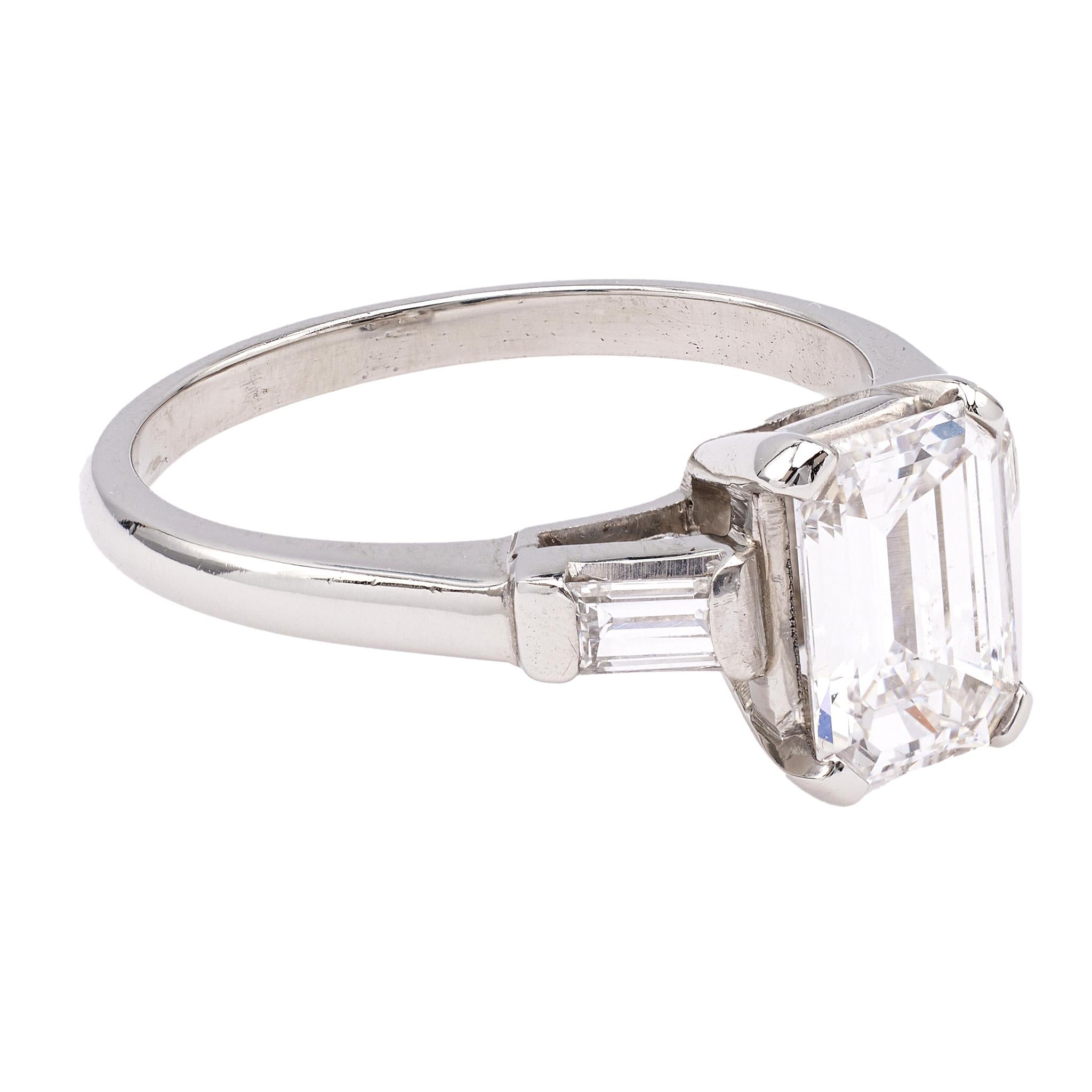 Mid Century GIA 1.53 Carat Emerald Cut Diamond Platinum Ring 1