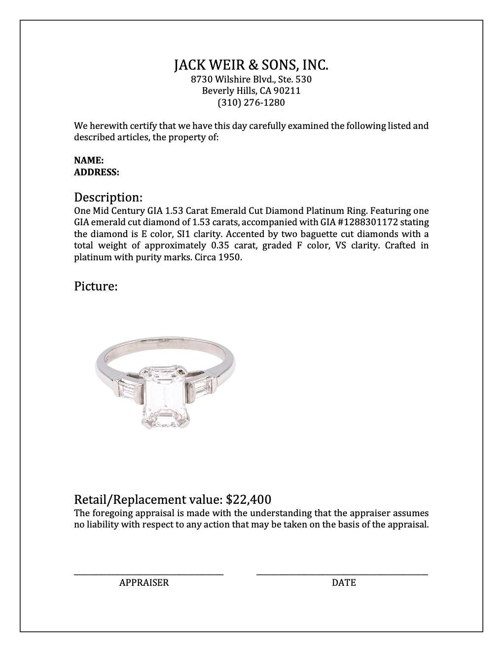 Mid Century GIA 1.53 Carat Emerald Cut Diamond Platinum Ring 4