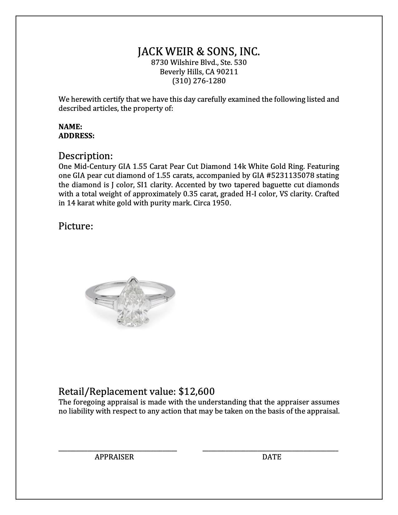 Mid-Century GIA 1.55 Carat Pear Cut Diamond 14k White Gold Ring For Sale 3