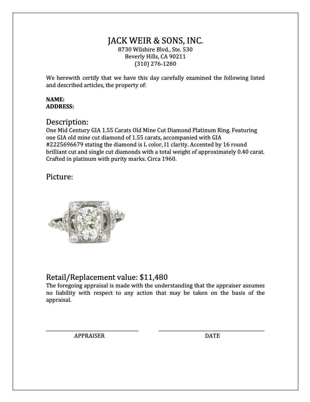 Mid Century GIA 1.55 Carats Old Mine Cut Diamond Platinum Ring 3