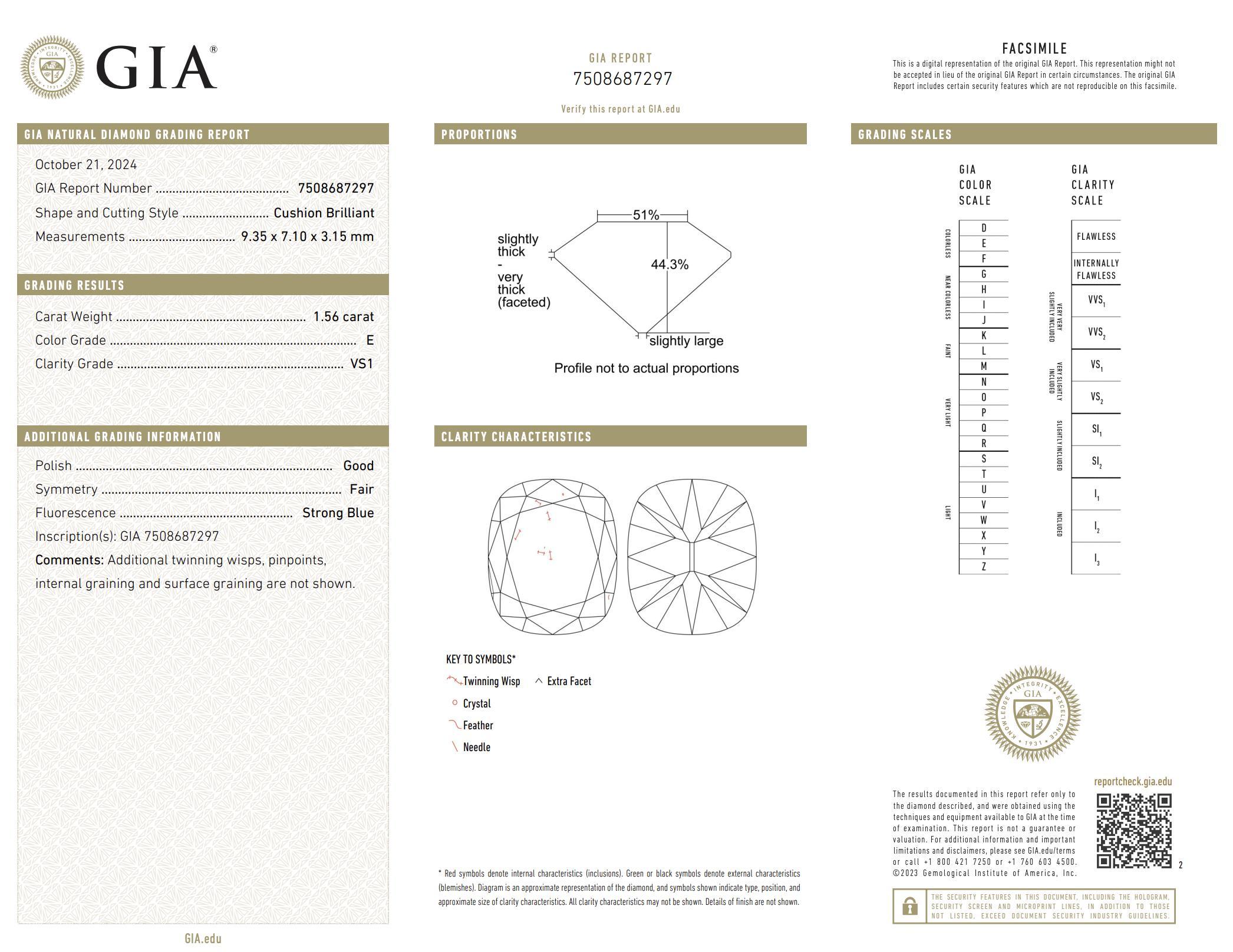 Anello di fidanzamento di metà secolo GIA con diamante taglio cuscino da 1,56 carati in vendita 2