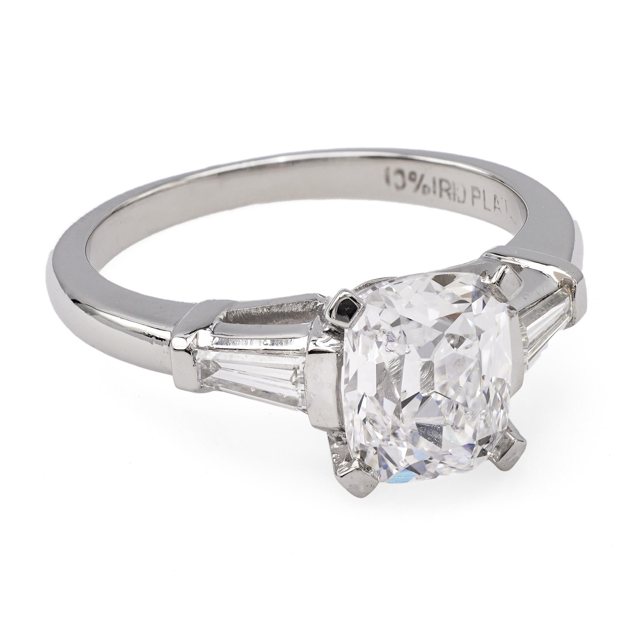 Mid Century GIA 1.57 Carat Old Mine Cut Diamond Platinum Ring For Sale 1