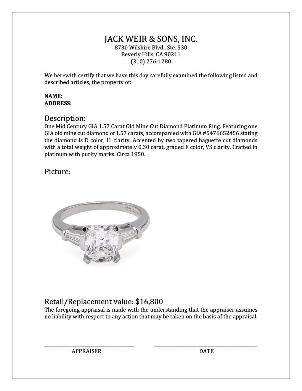 Mid Century GIA 1.57 Carat Old Mine Cut Diamond Platinum Ring For Sale 3