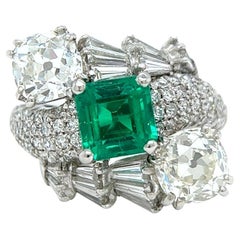 Mid Century GIA 1.58 1.30 Carats Old Mine Cut Diamonds Emerald Platinum Ring