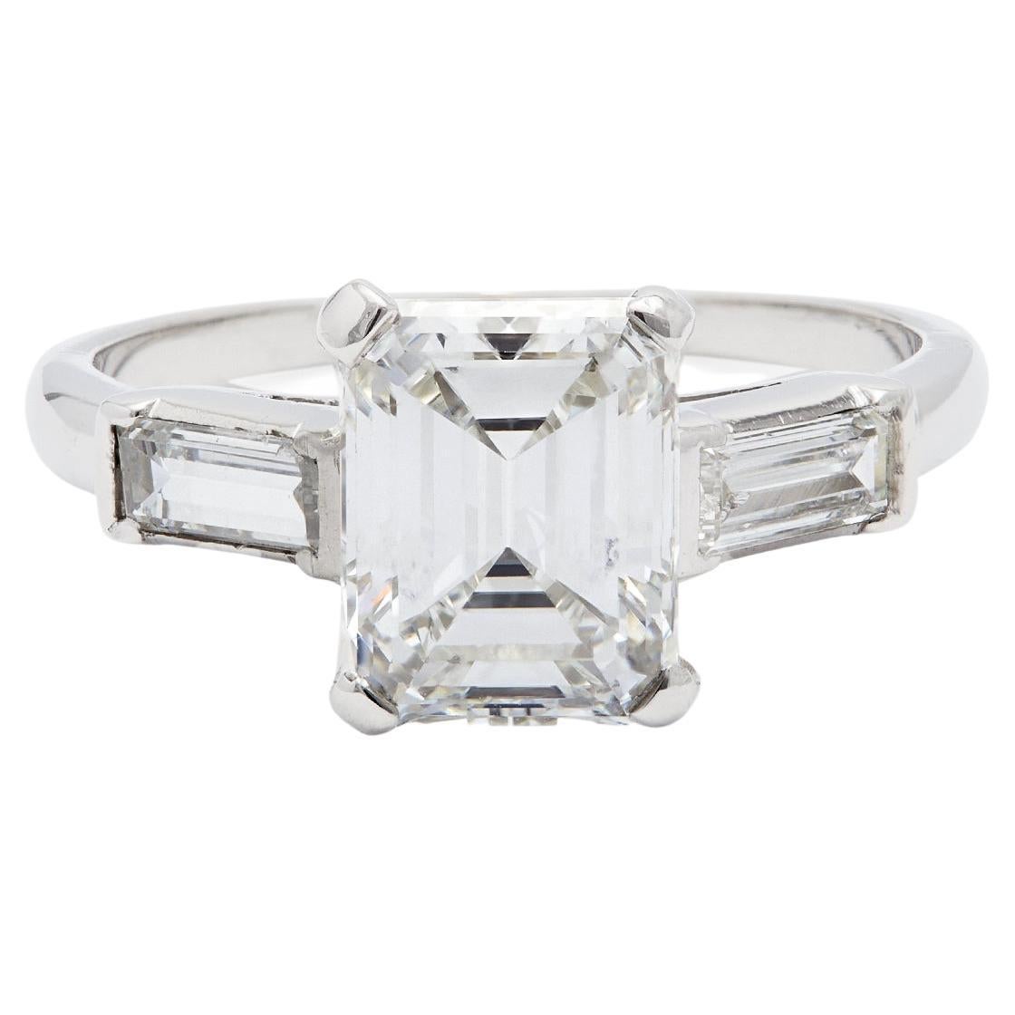 Mid Century GIA 1.67 Carat Emerald Cut Diamond Platinum Ring