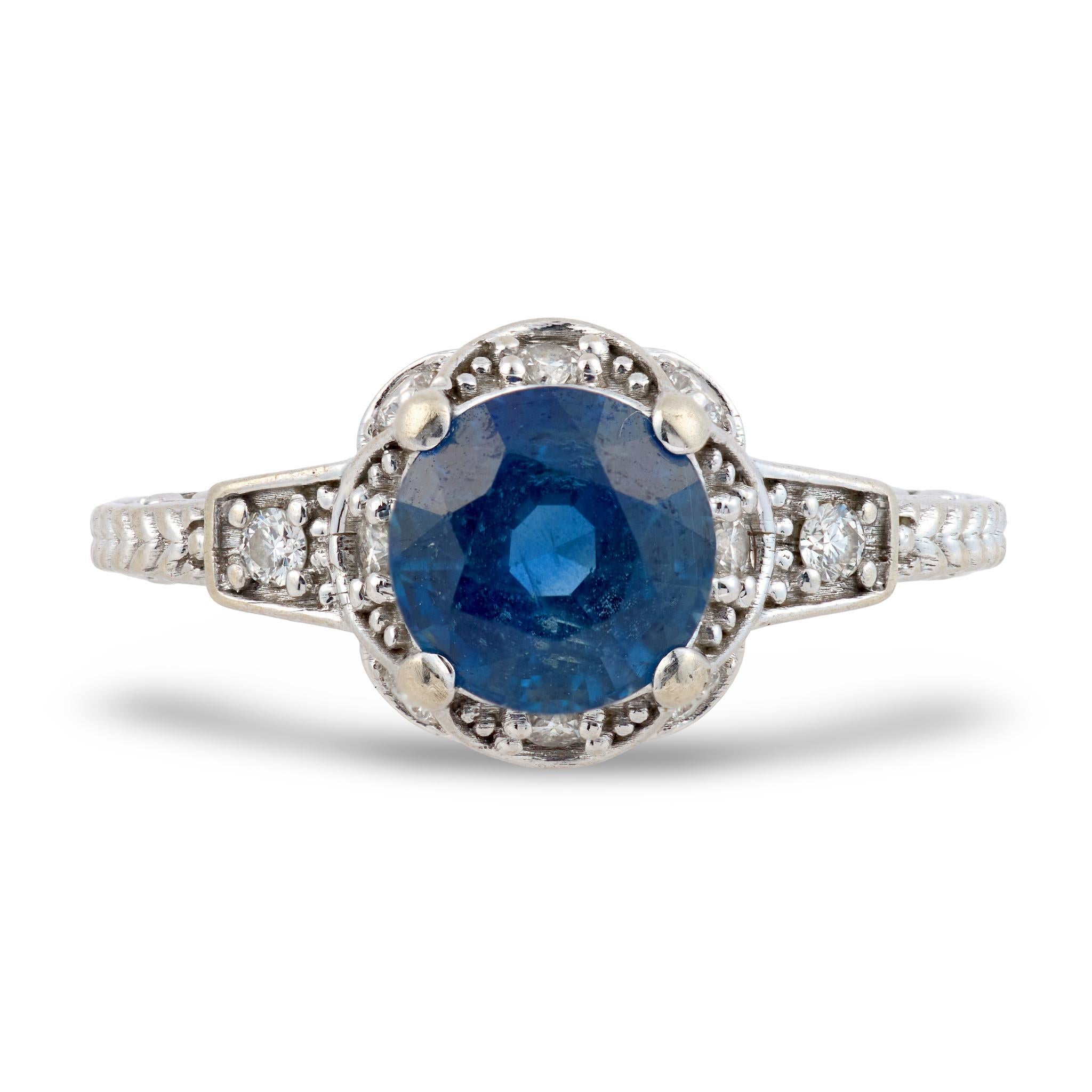 Art déco Bague en or blanc 18 carats GIA 1,70 carat saphir diamant Whiting en vente