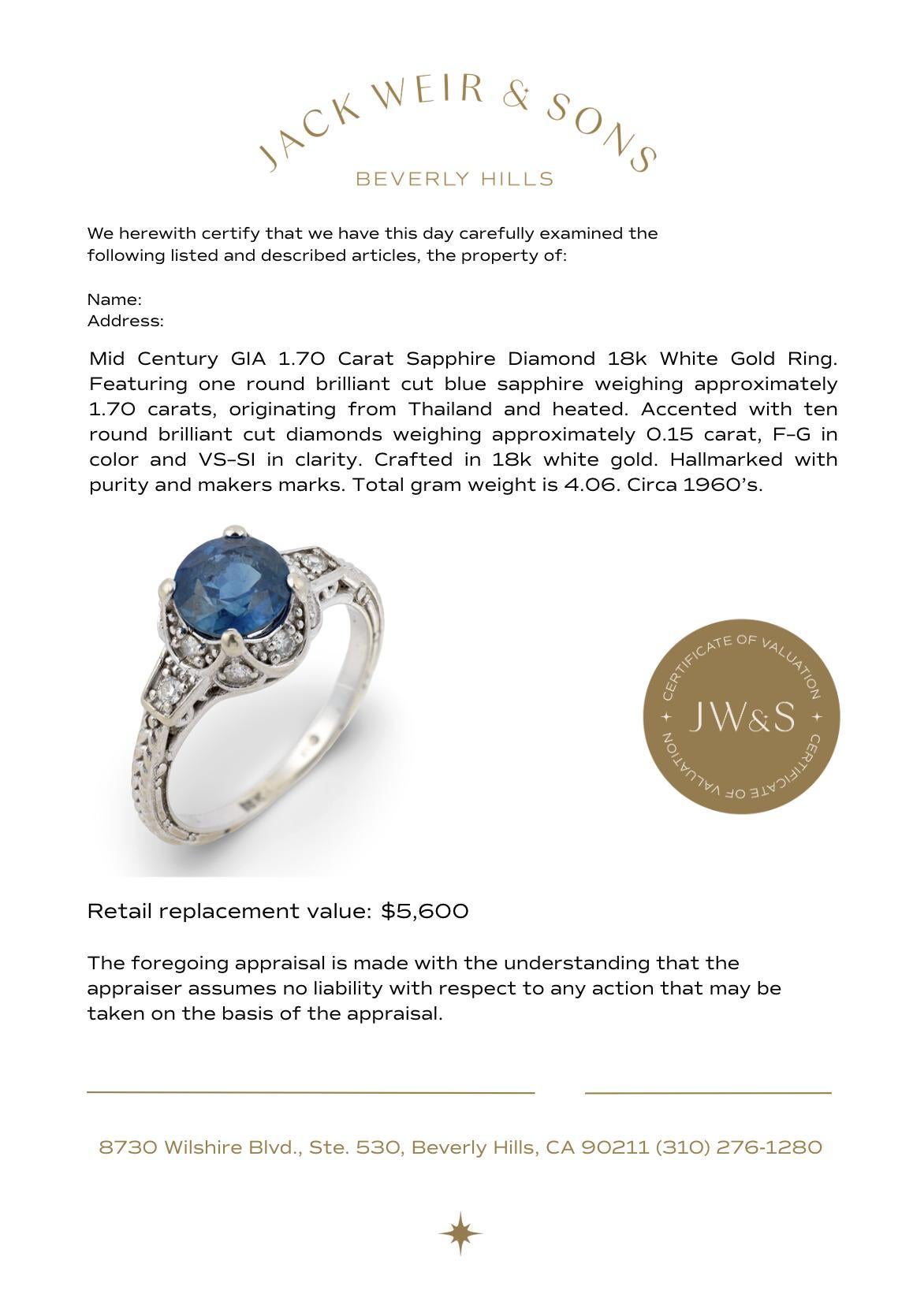 Bague en or blanc 18 carats GIA 1,70 carat saphir diamant Whiting en vente 1