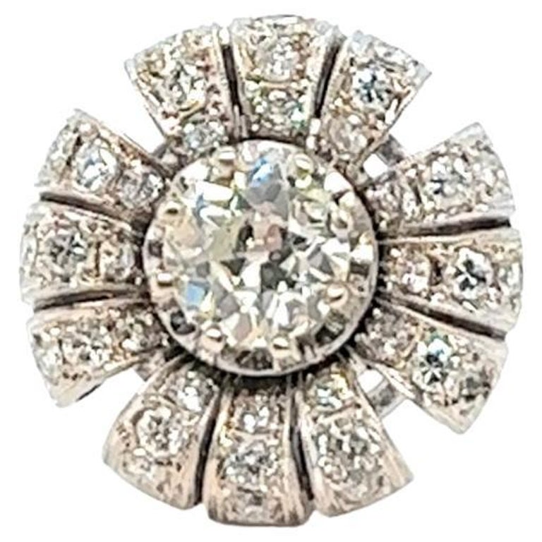 Mid Century GIA 1.70 Carats Old Euro Cut Diamond Platinum Flower ...