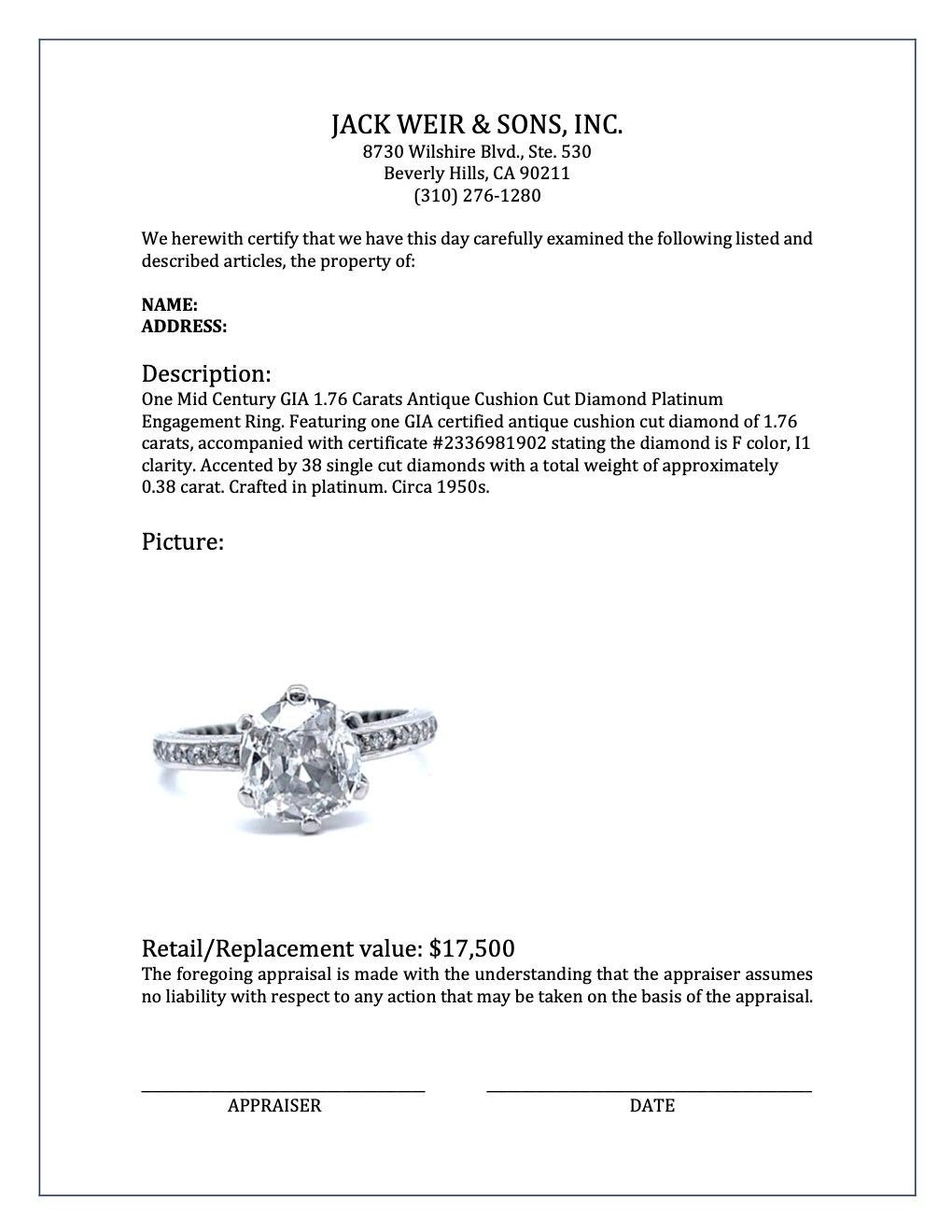 Mid-Century GIA 1.76 Carats Antique Cushion Cut Diamond Platinum Engagement Ring 4