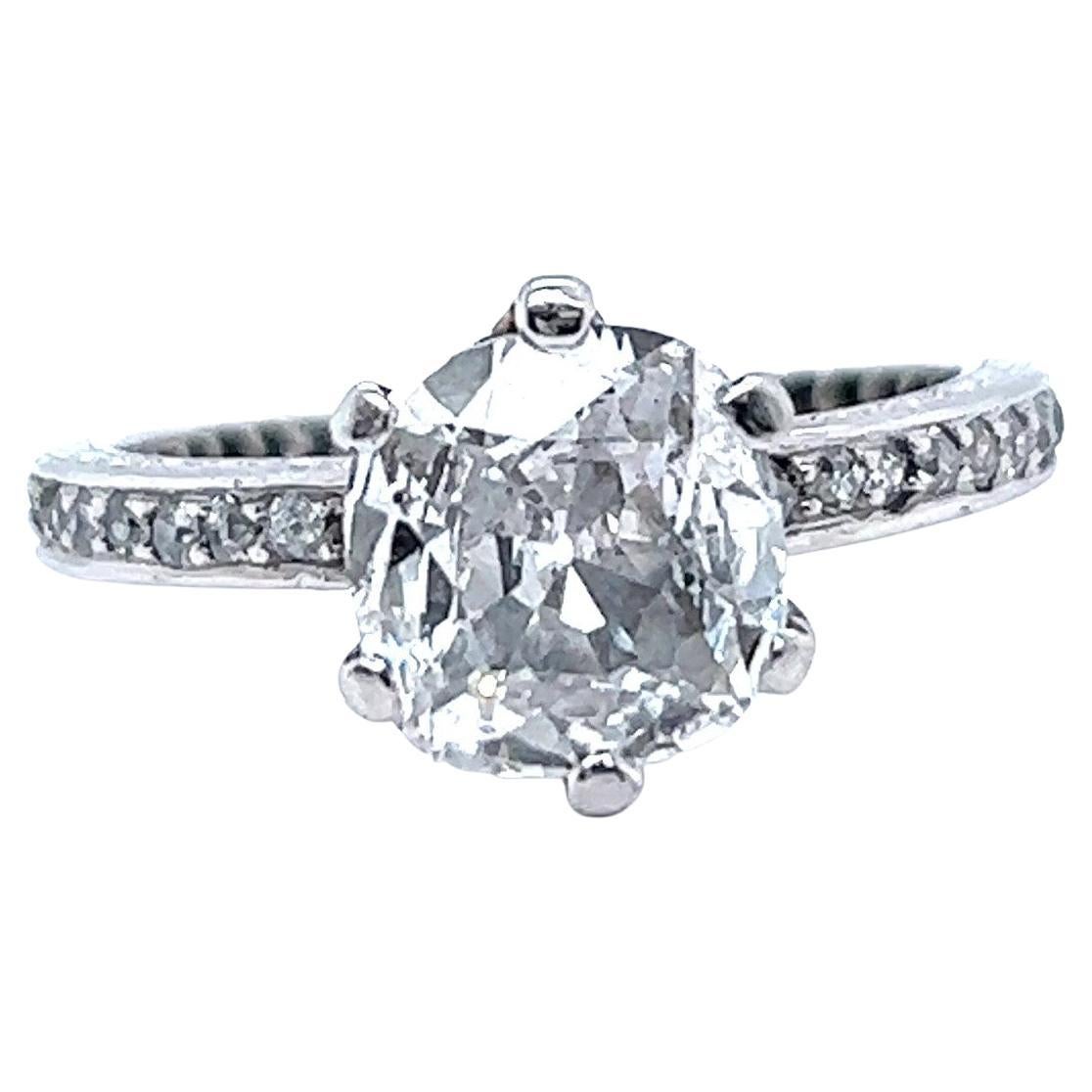 Mid-Century GIA 1.76 Carats Antique Cushion Cut Diamond Platinum Engagement Ring