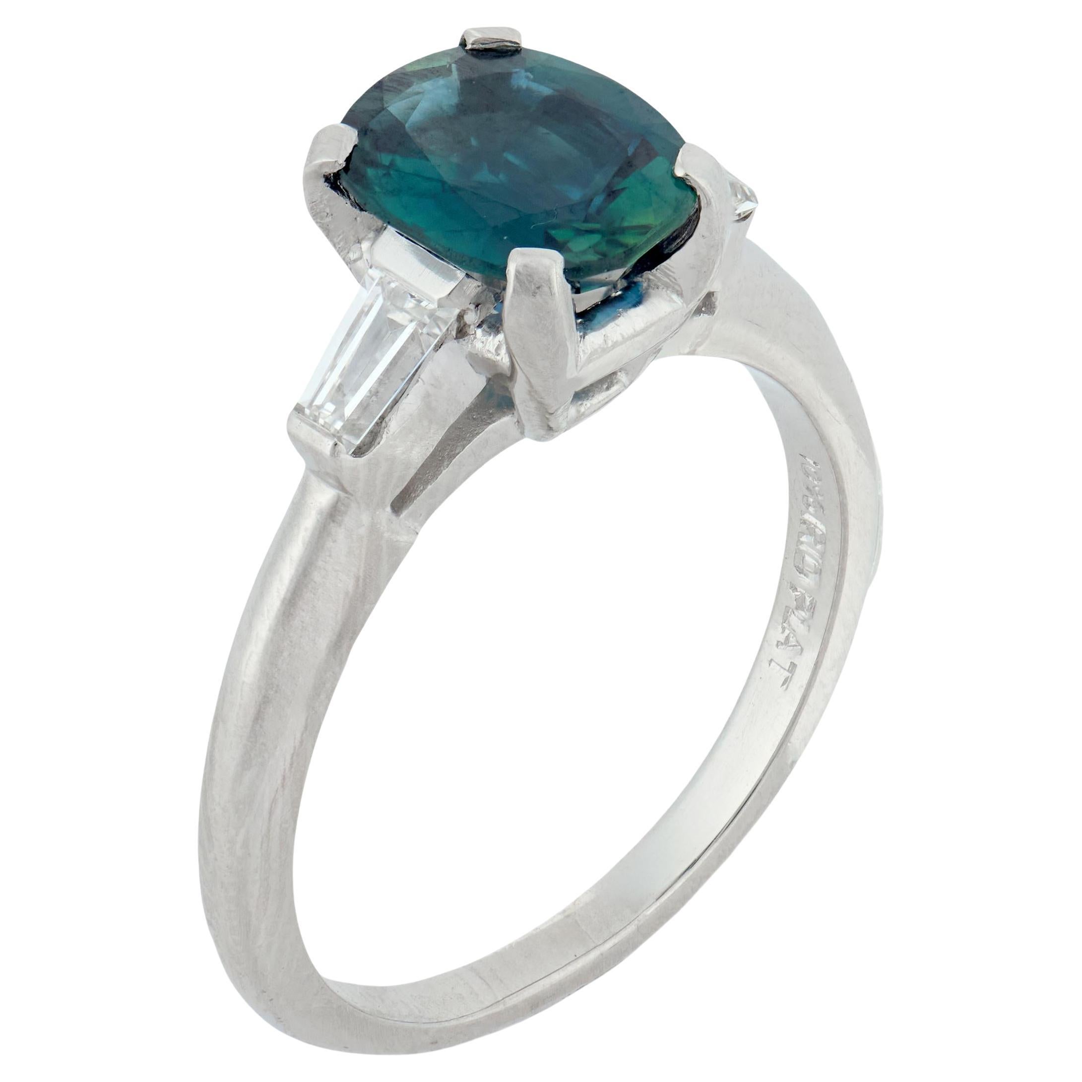 Mid Century GIA 1.88 no heat teal sapphire diamond platinum engagement ring